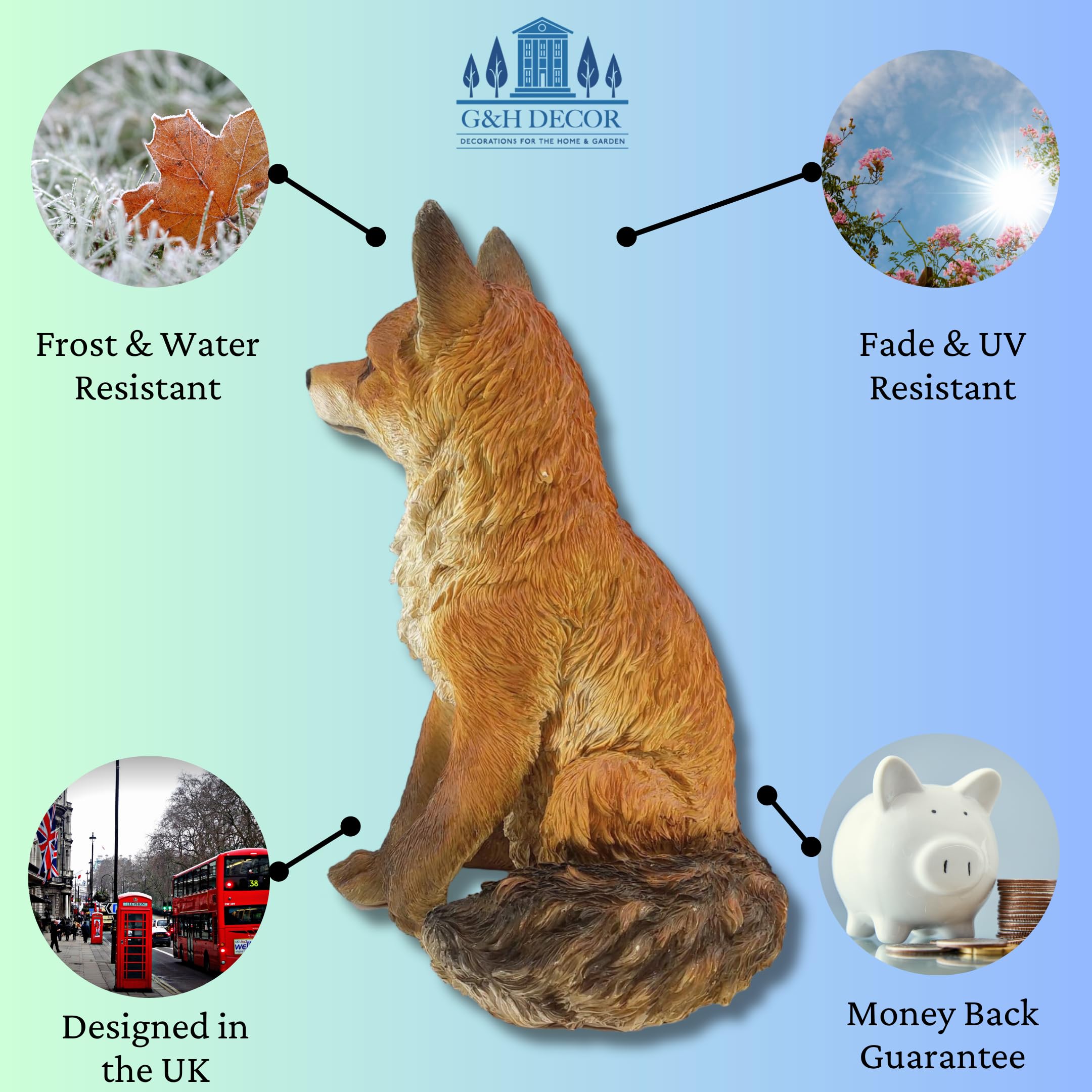 G&H Decor Realistic Fox Garden Statue – Weatherproof Polyresin Ornament