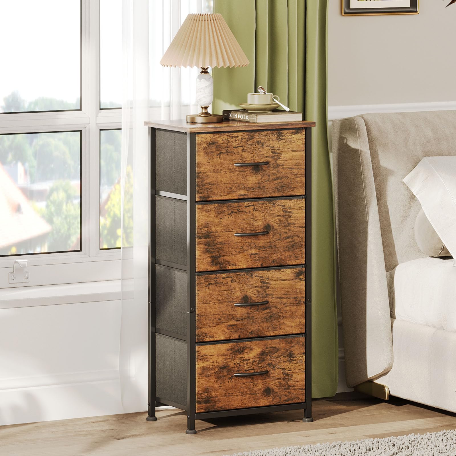 Jolof Store 4-Drawer Chest – Rustic Brown Tall Dresser with Curved Edges