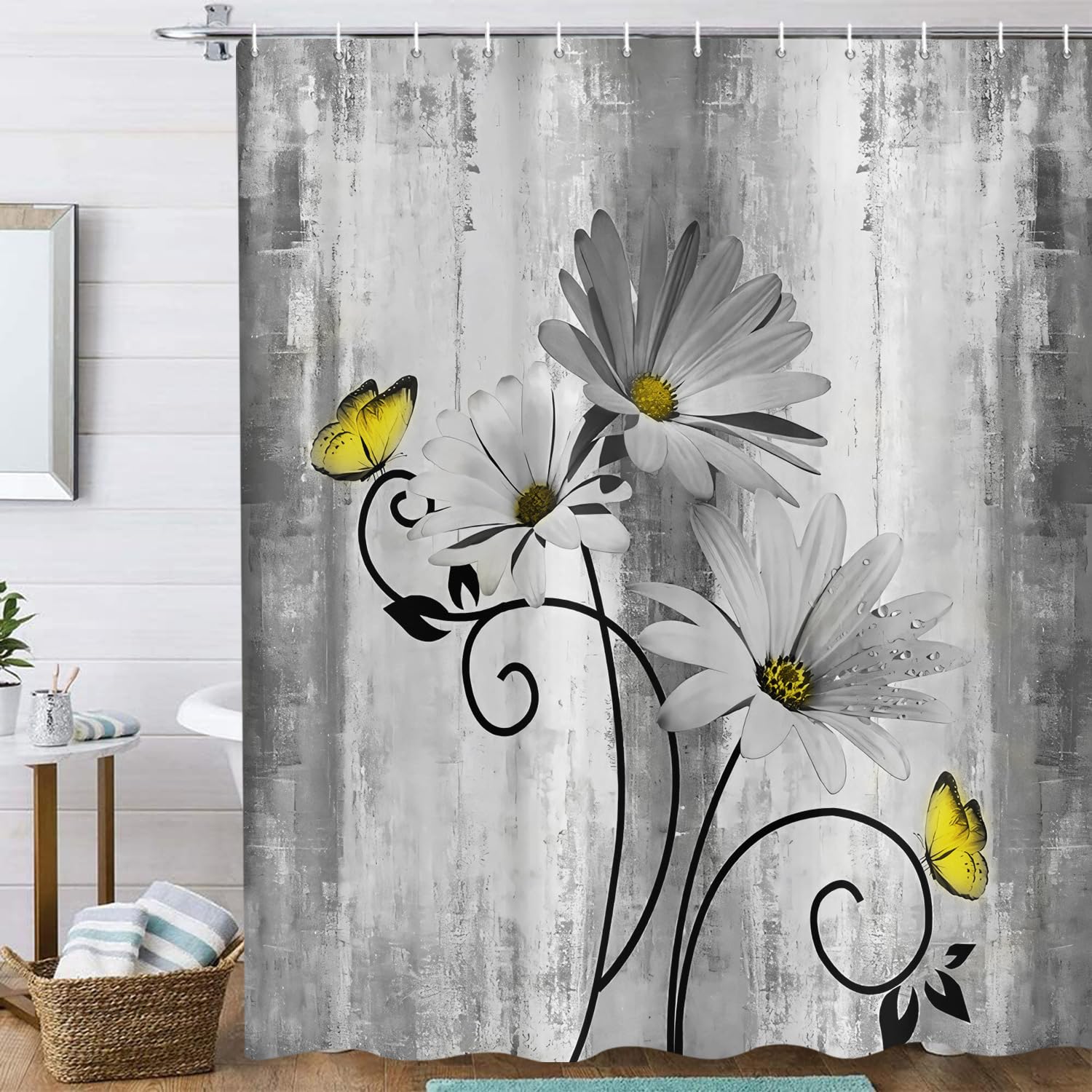 Jolof Store Rustic Farmhouse Shower Curtain – Gray Daisy Floral Polyester