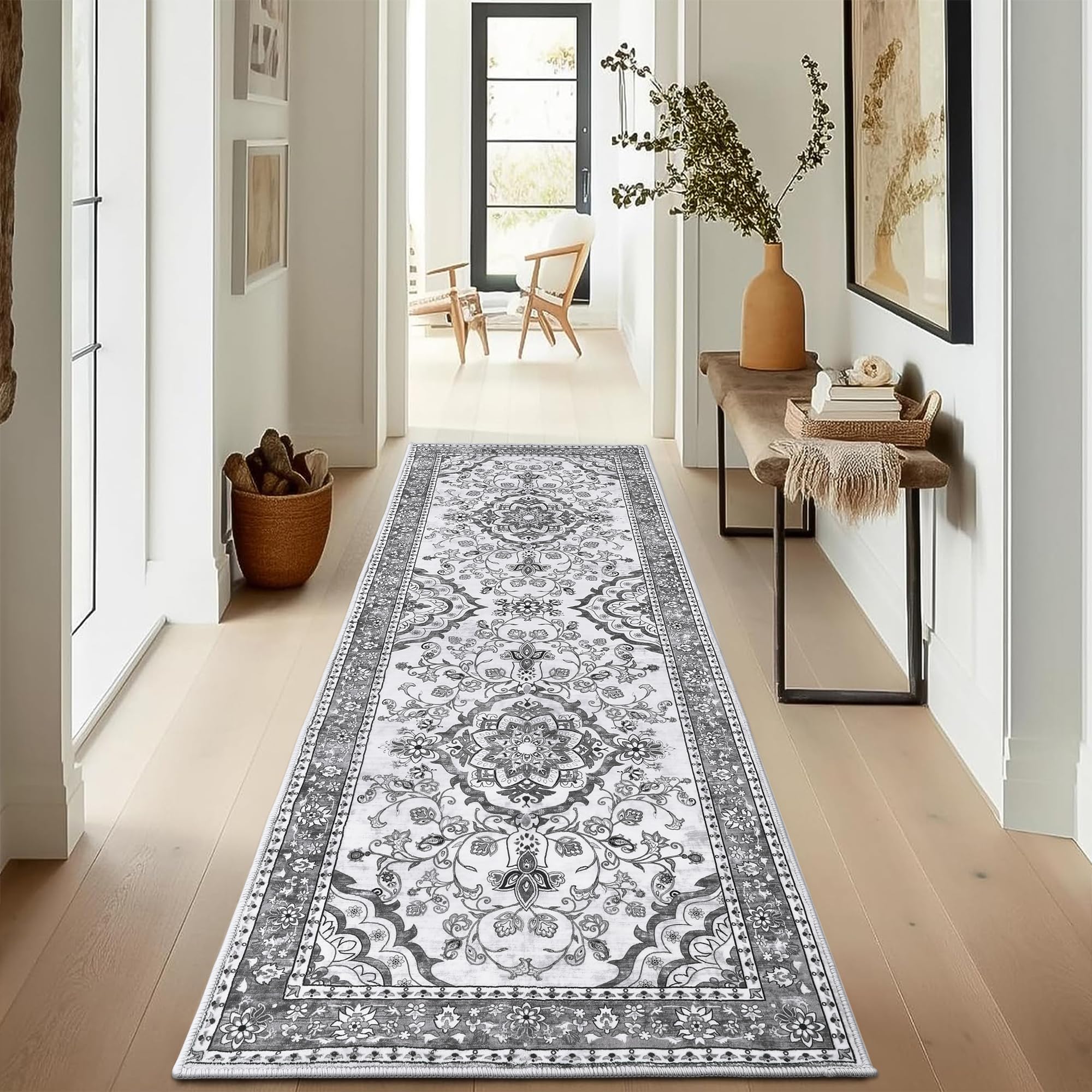 Enyhom Grey Washable Runner Rug | 80x200cm Non-Slip Boho Hallway Carpet