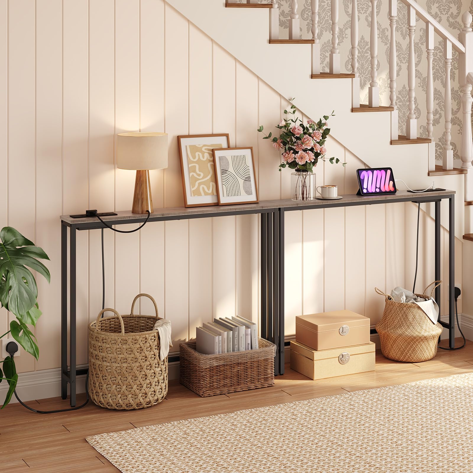 HOOBRO Slim Console Table with Charging Station - 100cm Greige Sofa Table