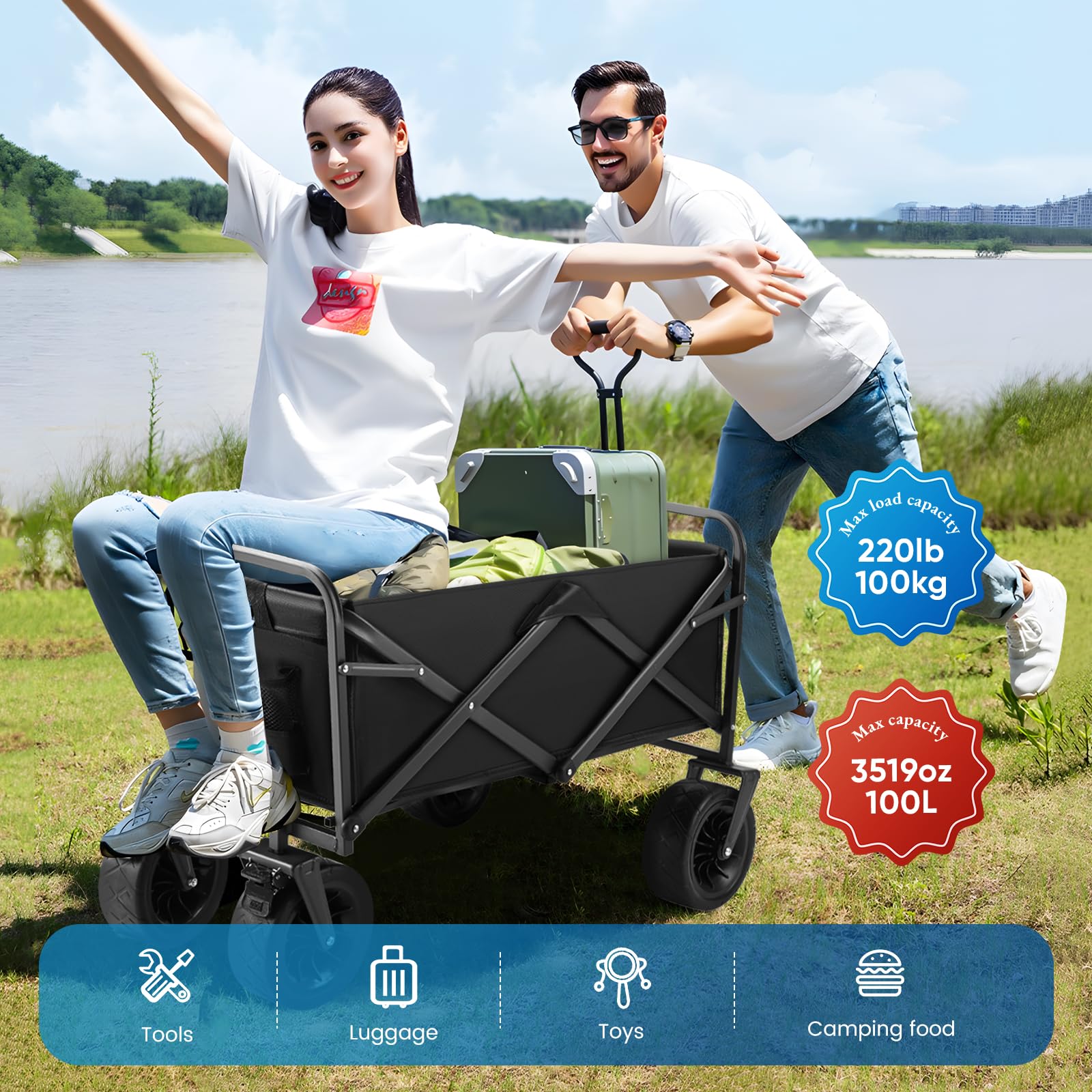Aunoutism Collapsible Garden Wagon – Heavy Duty Beach Cart with Brakes