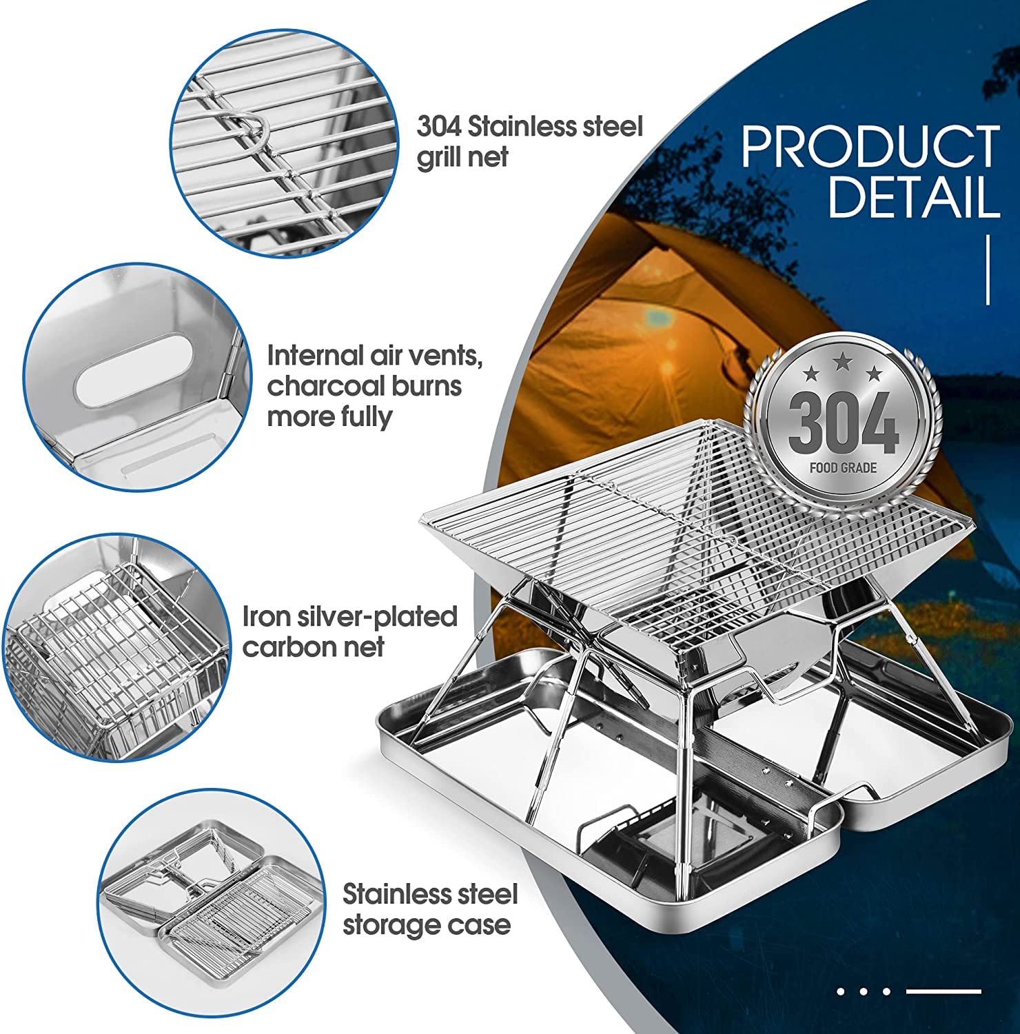 KAHEIGN Stainless Steel Foldable Fire Pit | Portable BBQ Camping Grill