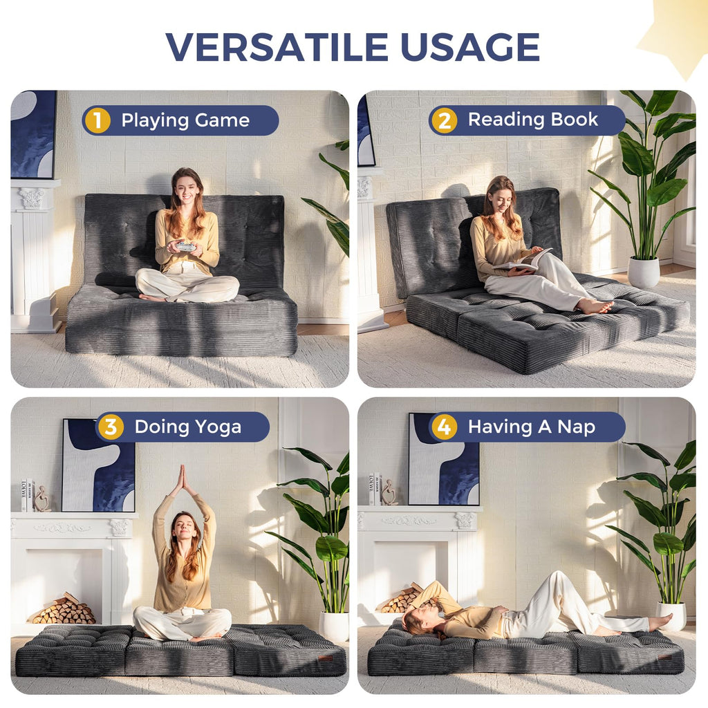 MAXYOYO Folding Mattress, Comfy Corduroy Foldable Mattress with 15cm Thicken Foam, Tri-Fold Floor Futon Sofa Bed for Guest,Dark gray,Double - image 3