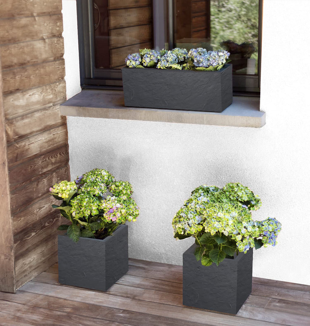 EDA Volcania'UP Square Flower Pot – Anthracite Grey Stone, 30 cm