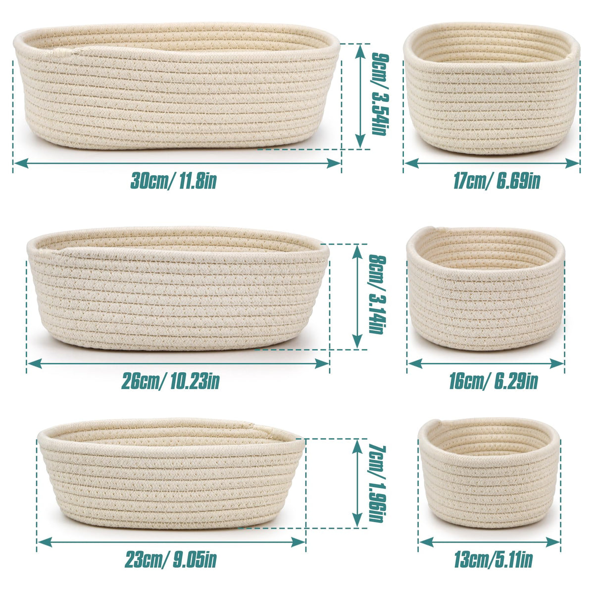 Spesh Cotton Rope Storage Baskets, Set of 3 Woven Shelf Baskets Oval Cotton Storage Boxes Empty Hampers Organiser BinsWhite - image 3