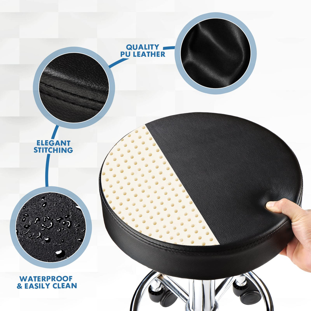 FNZIR Adjustable Stool with Wheels Round Rolling Stool for Spa Salon Massage Office Stool Chair Black
