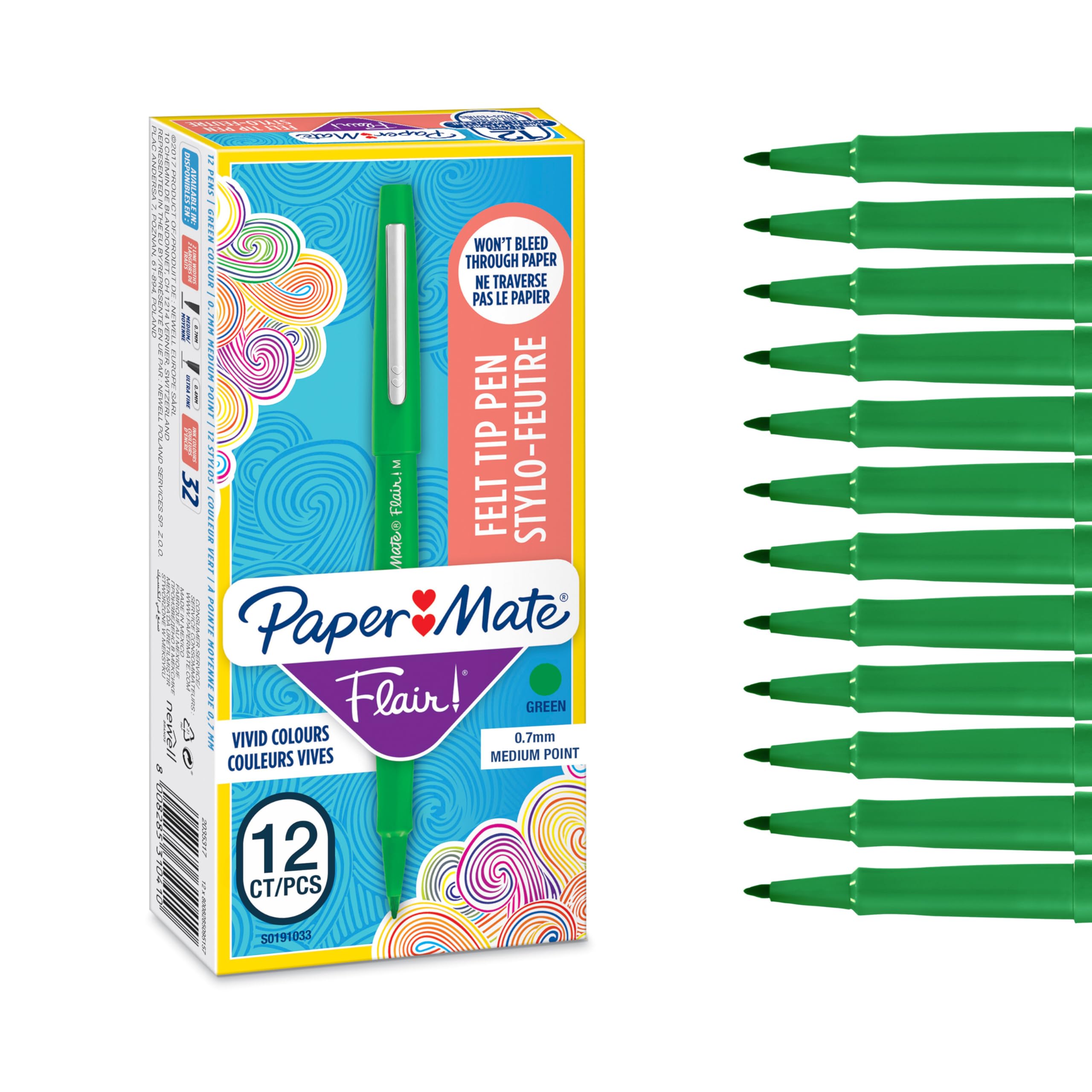 Paper Mate Flair Felt Tip Pens | Medium Point 0.7mm Green | 12 Count