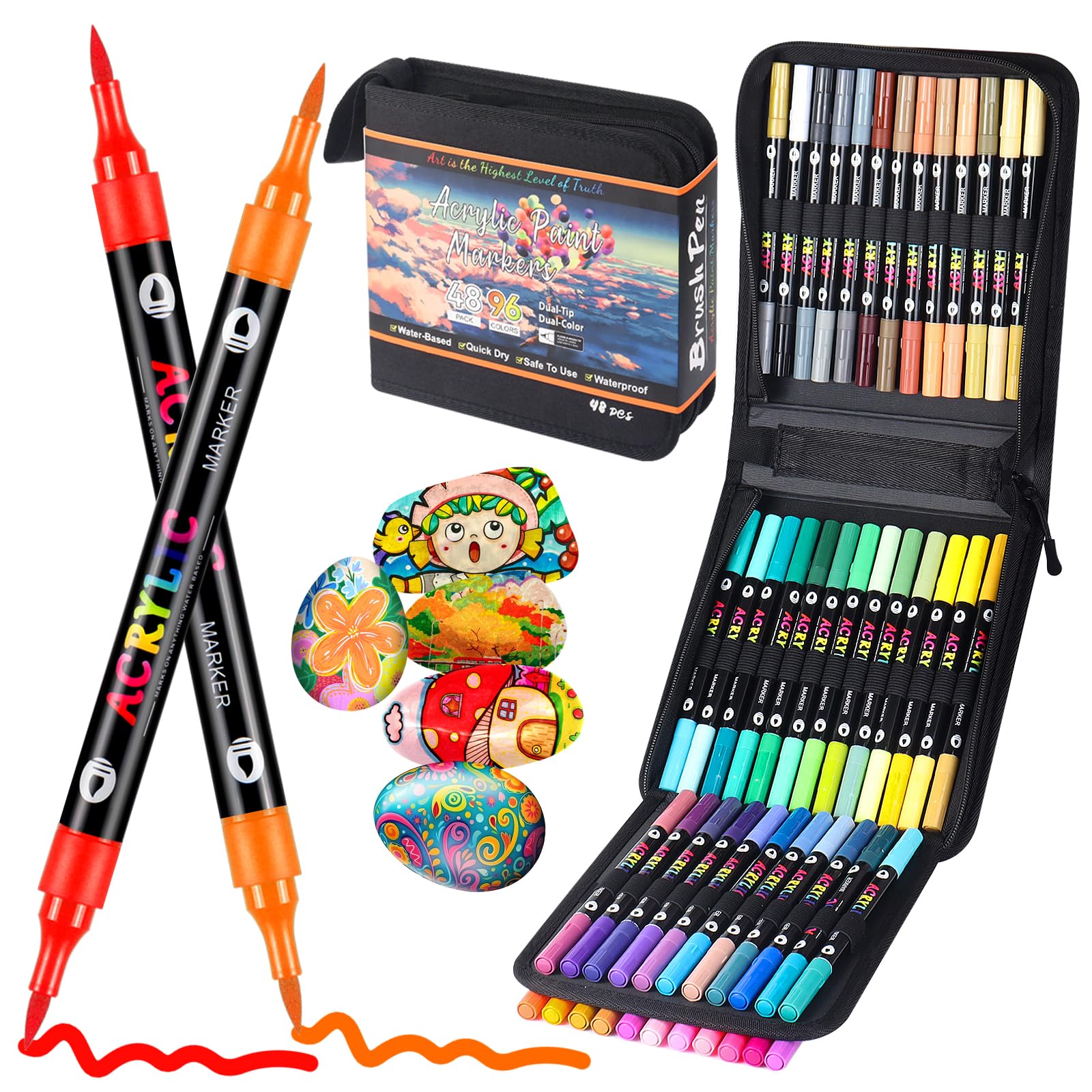 Sanyetral 96 Colors Acrylic Paint Markers – 48 Dual Tip Pens for Rock Art