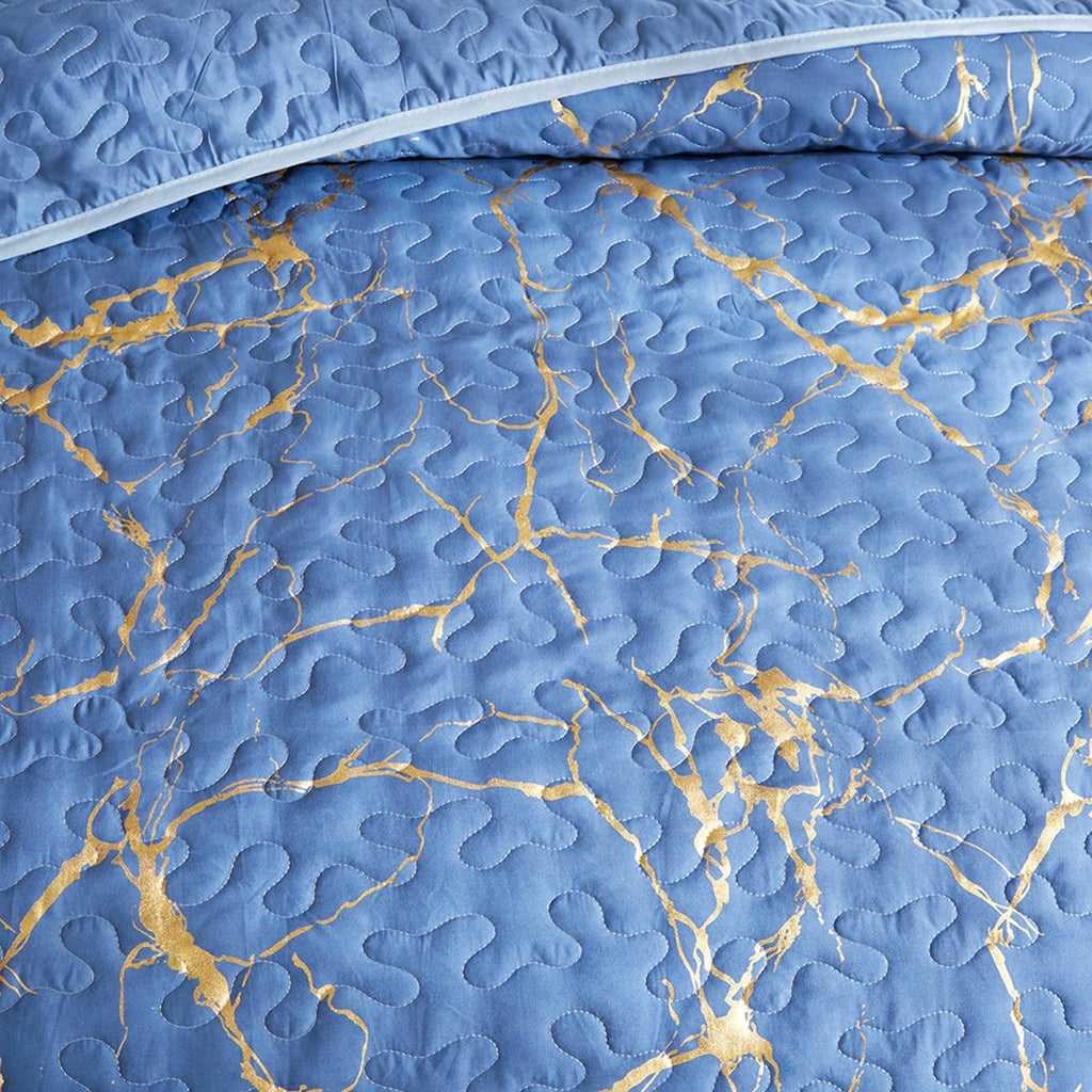 HAVOP King Size Blue Gold Marble Quilted Bedspread Microfiber Bedding Set