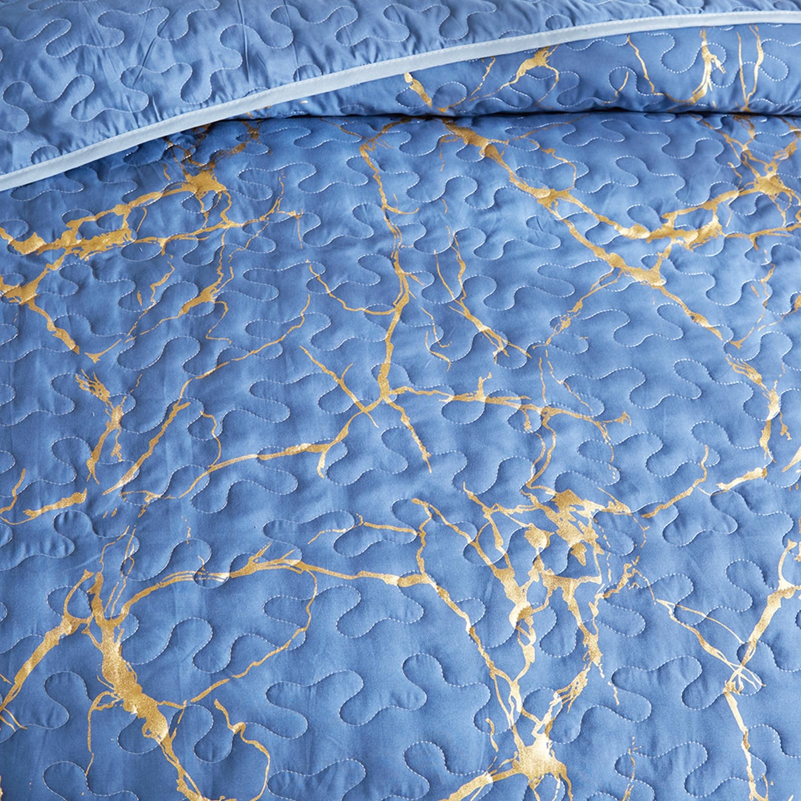 HAVOP King Size Blue Gold Marble Quilted Bedspread Microfiber Bedding Set
