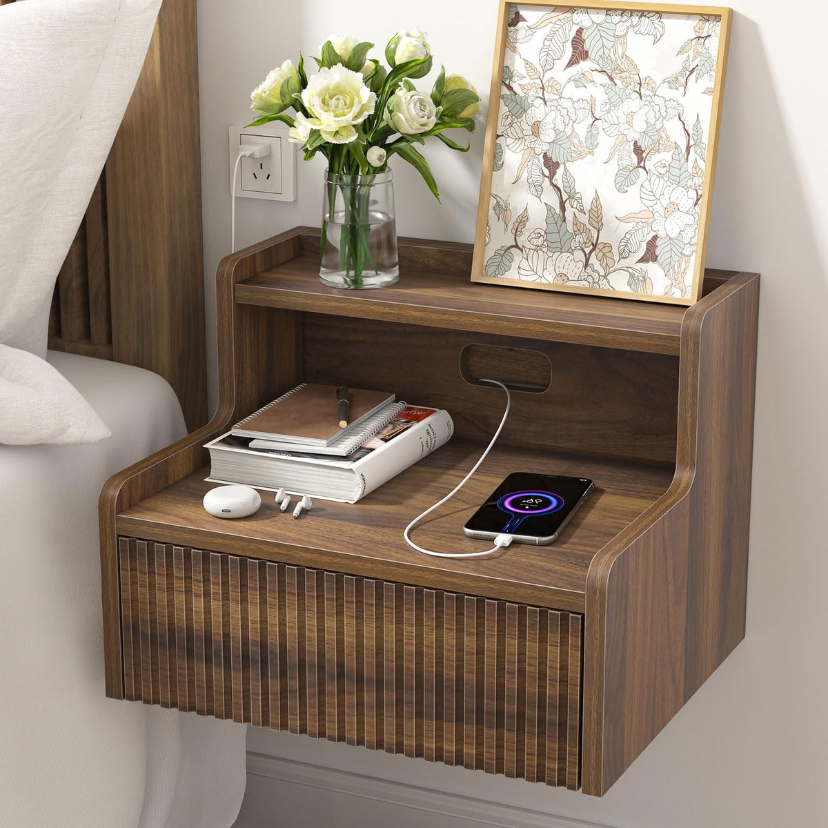 Skokliz Floating Bedside Table Set of 2, Wall Mounted Nightstand with Drawer and Open Shelf, Walnut Side Table Bedroom - image 3