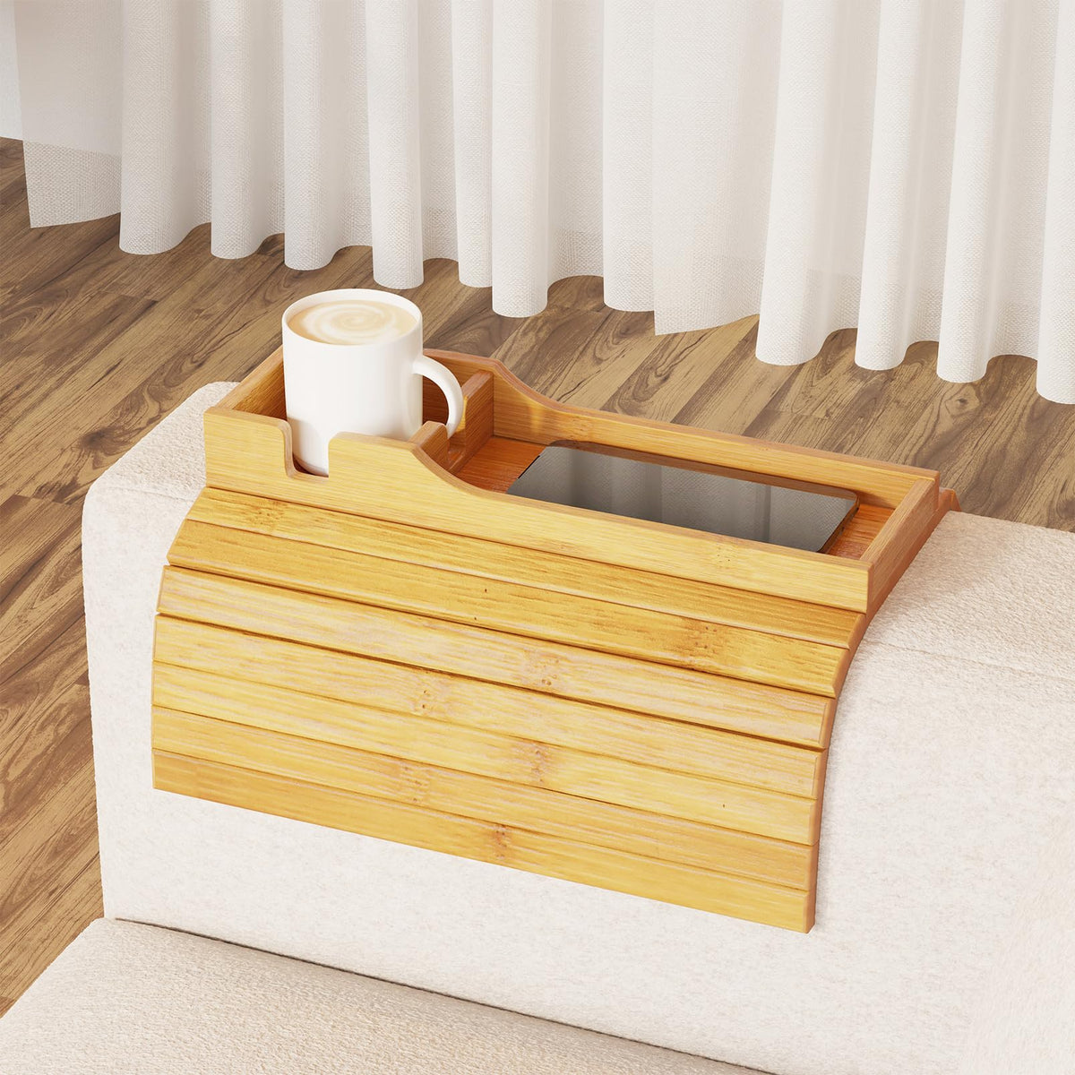 SpaceAid Bamboo Couch Cup Holder, Anti Falling Foldable Sofa Armrest Tray with Cup Holder, Couch Arm Side Table Organizer for Drink Cup Remote Snacks - image 1