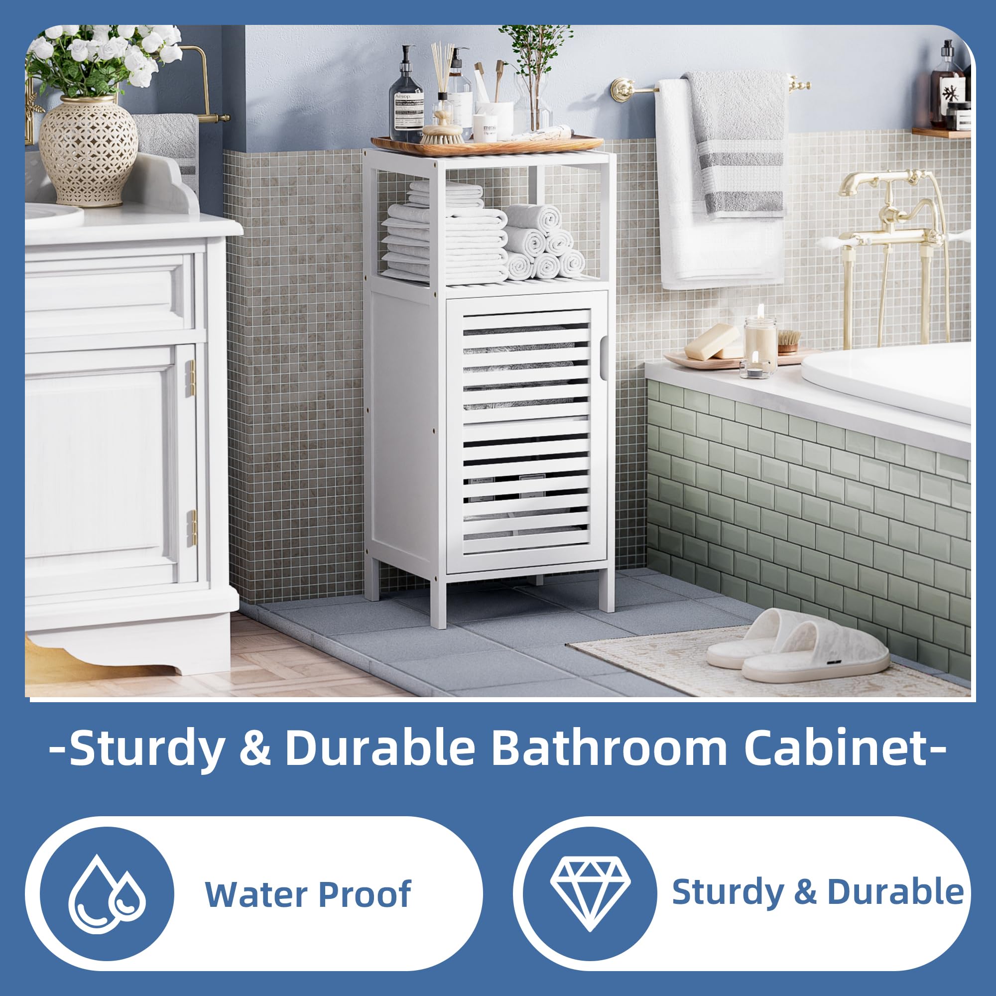 HITNET 4-Tier Bamboo Bathroom Storage Cabinet | Slim White Floor Organizer
