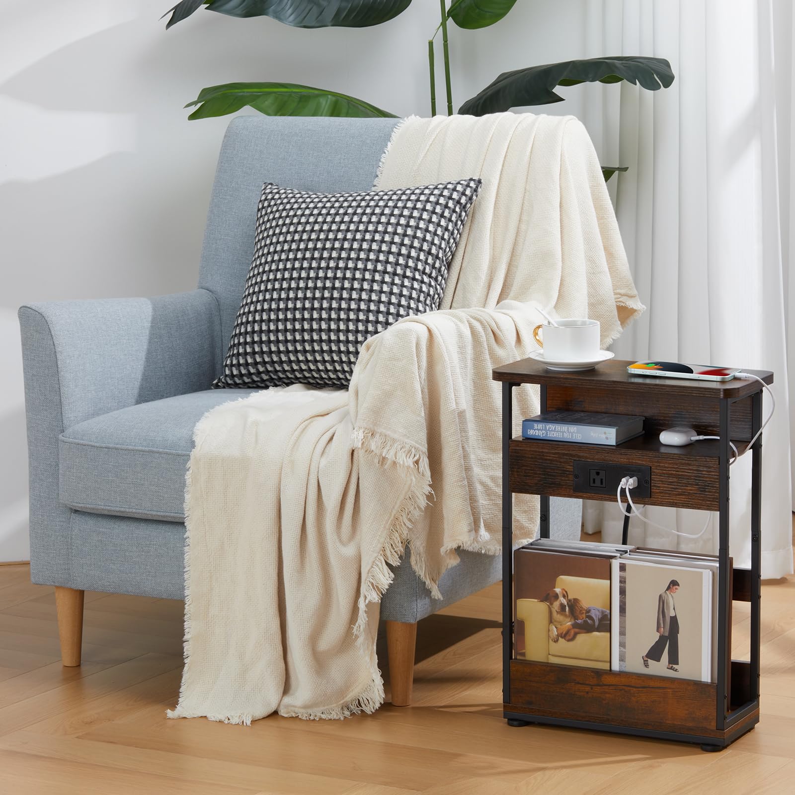 Narrow Side Table with Charging Station – Rustic Brown