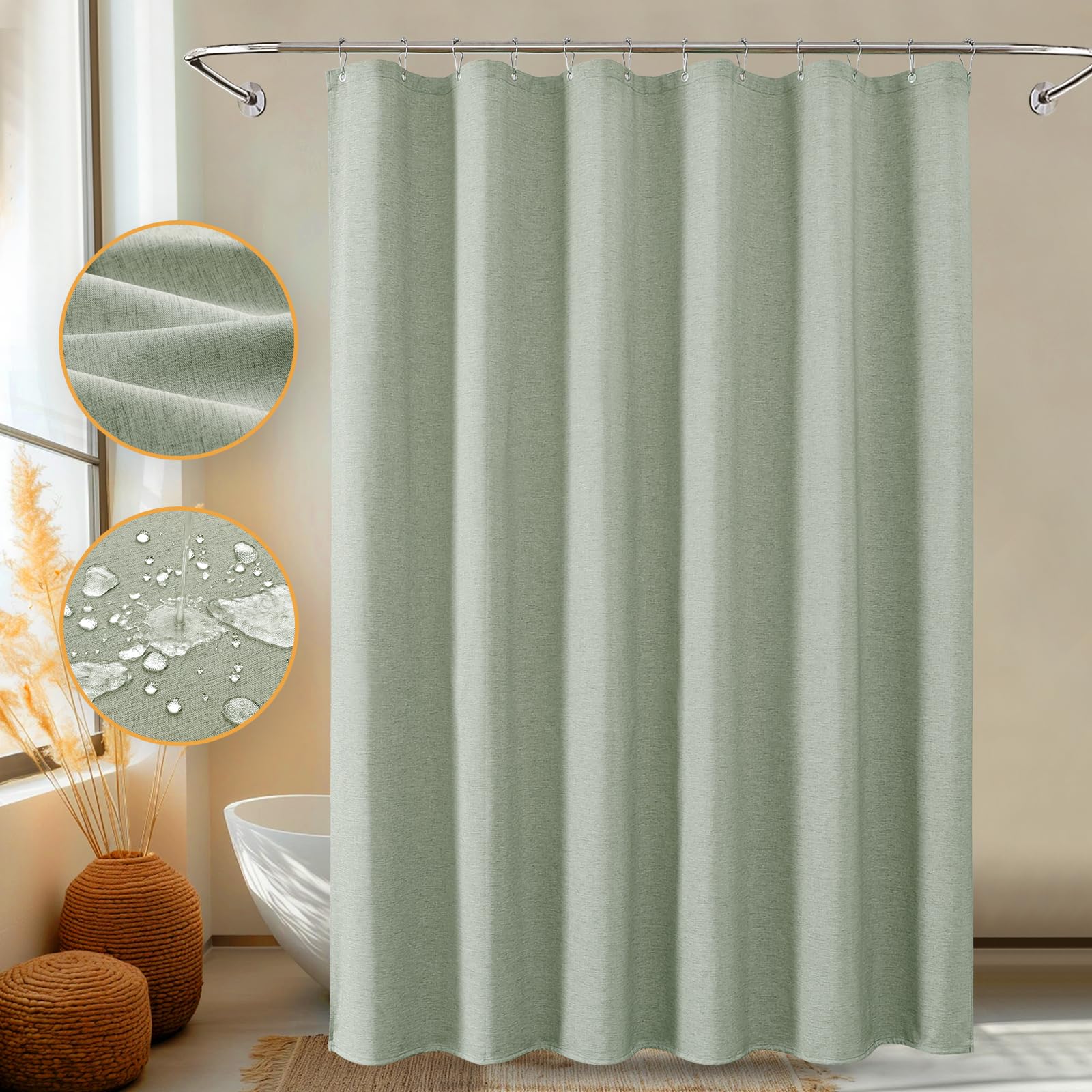 FY&XZH Heavy-Duty Linen-Texture Waterproof Shower Curtain with Hooks