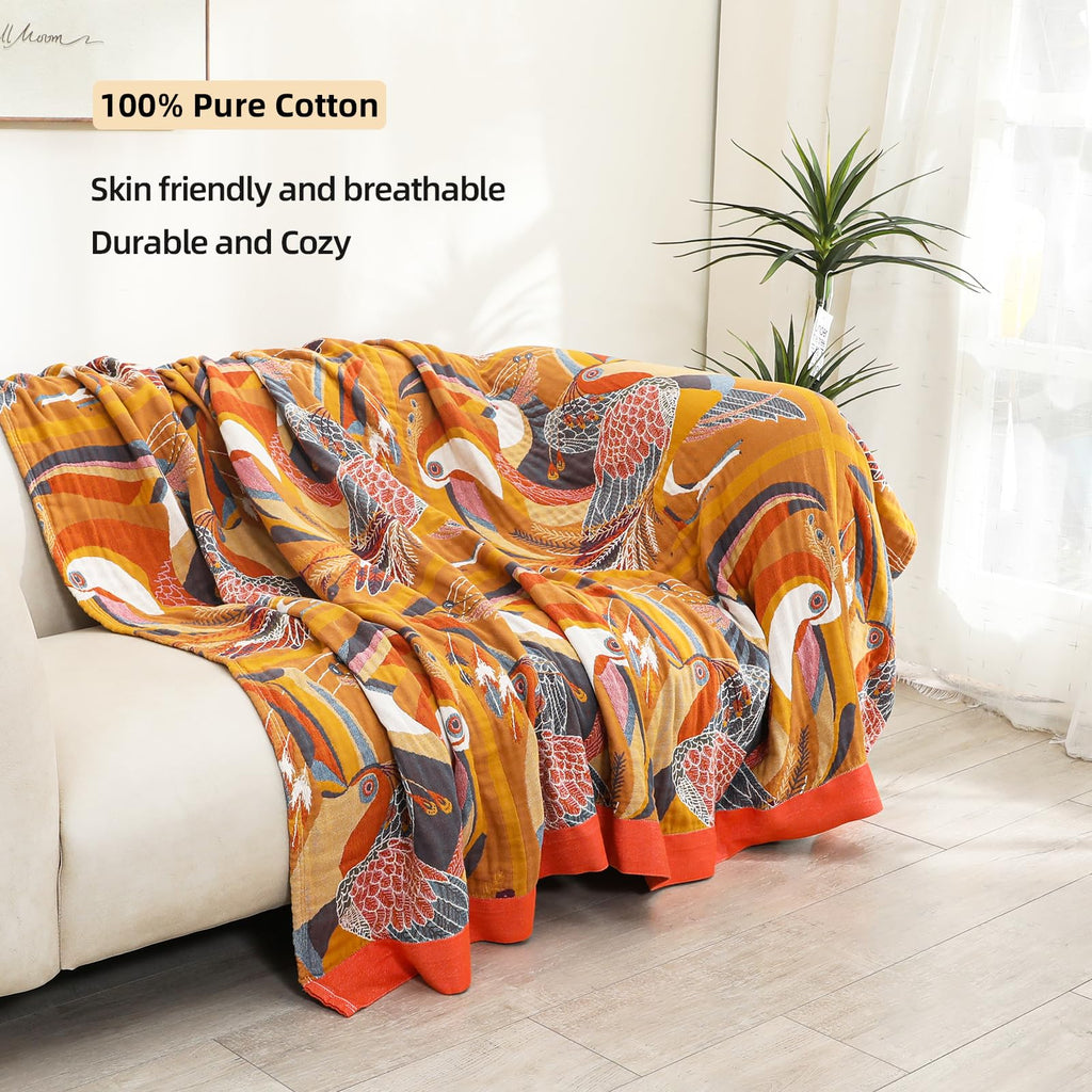 VANJOROY Organic Cotton Bohemian Throw Blanket – Soft Double-Sided Bedspread