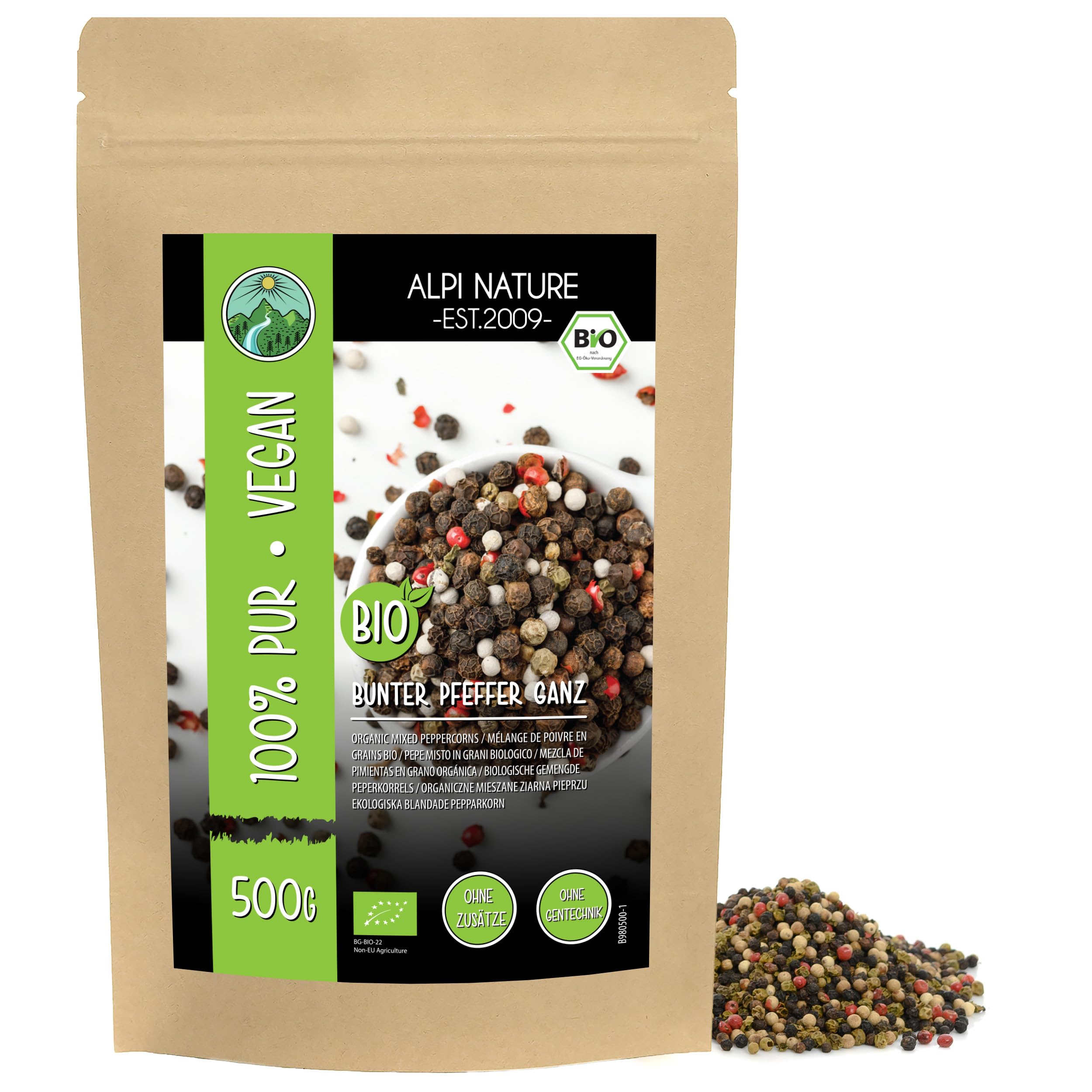 Alpi Nature Organic Mixed Peppercorns – Whole Black, White, Pink, Green 500g