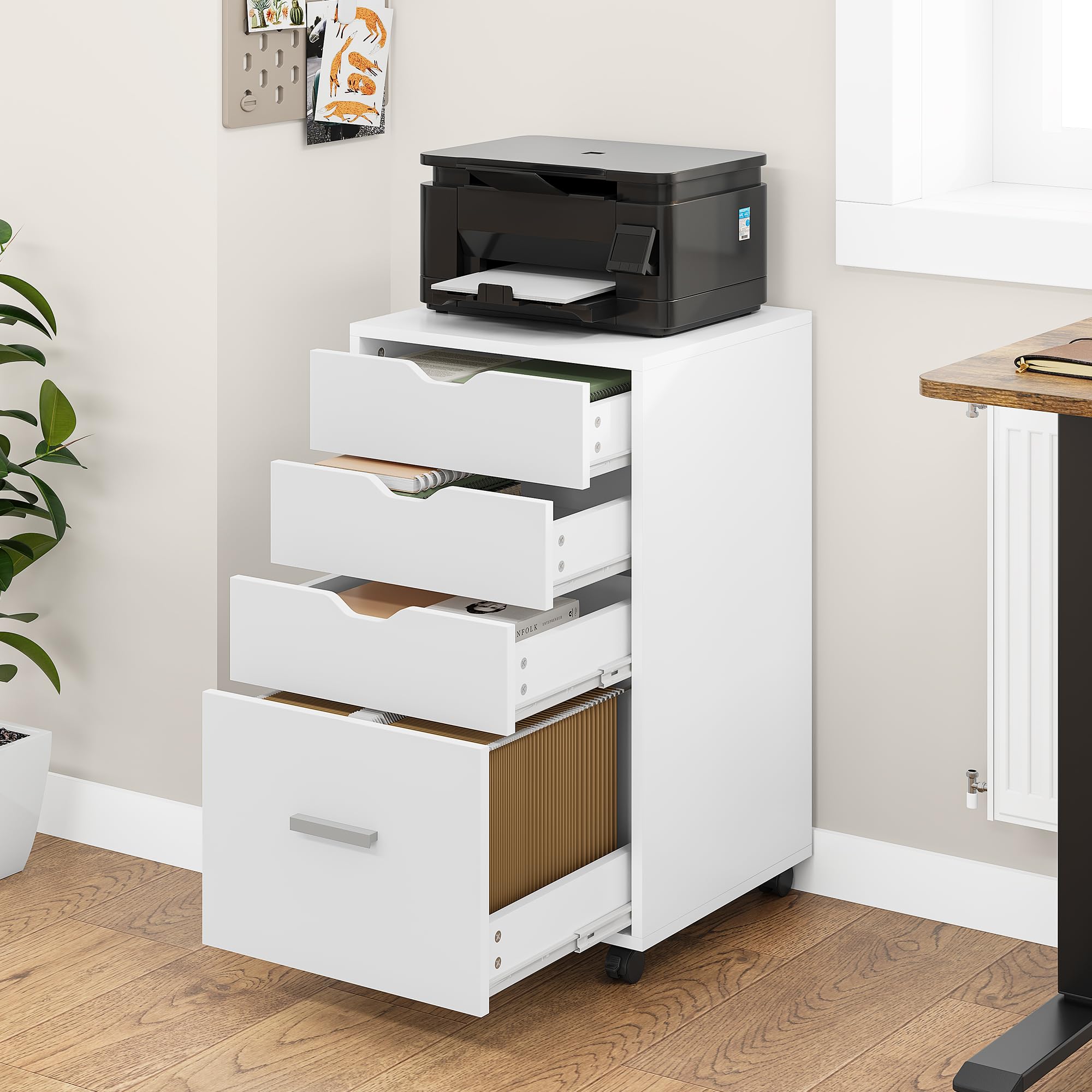 YITAHOME 4-Drawer Mobile Filing Cabinet | White Rolling Office Storage