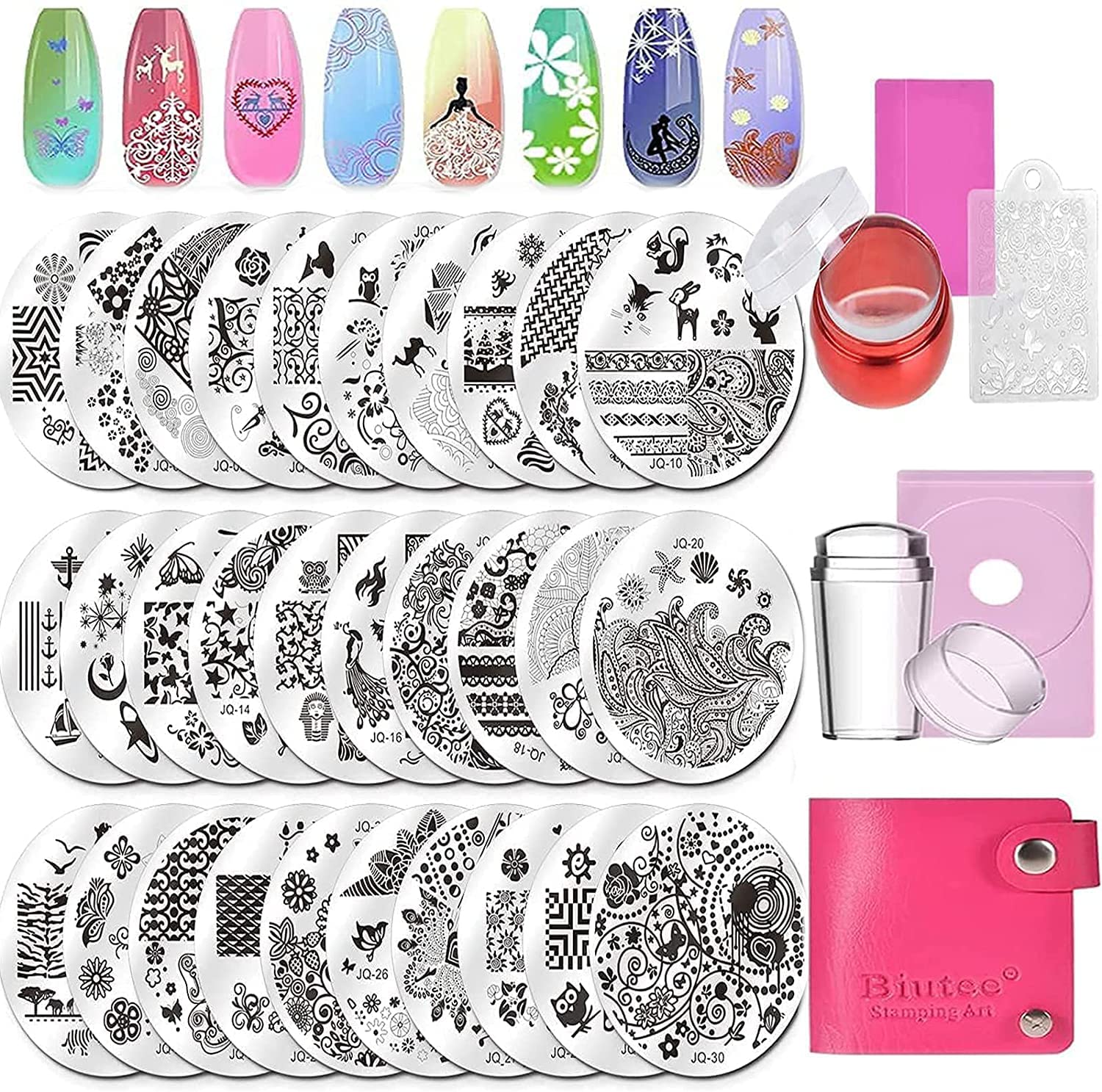 Biutee Nail Stamping Kit - 30 Round Plates with Stamper and Scraper Set