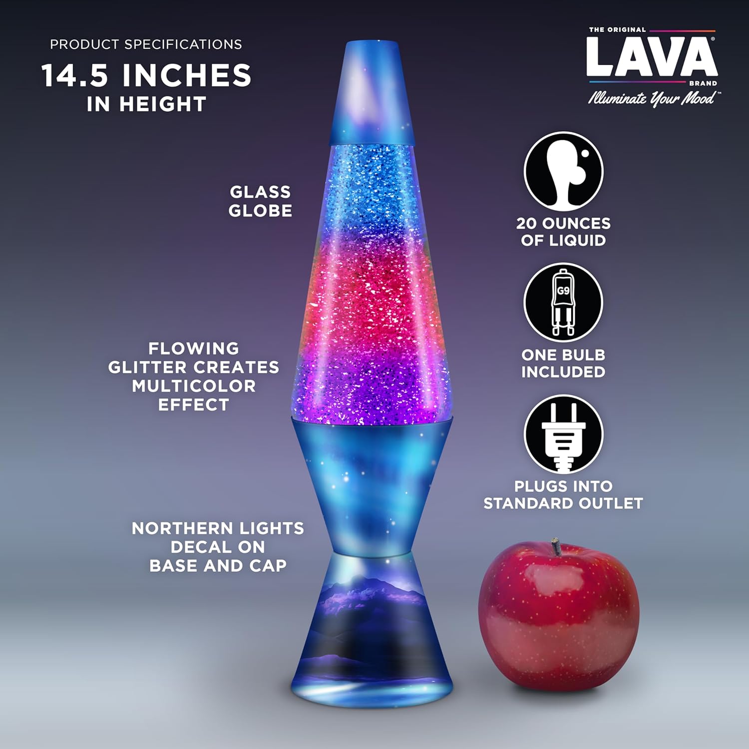 Snaps Northern Lights Lava Lamp – 14.5 Inch Silver Glitter Mood Light