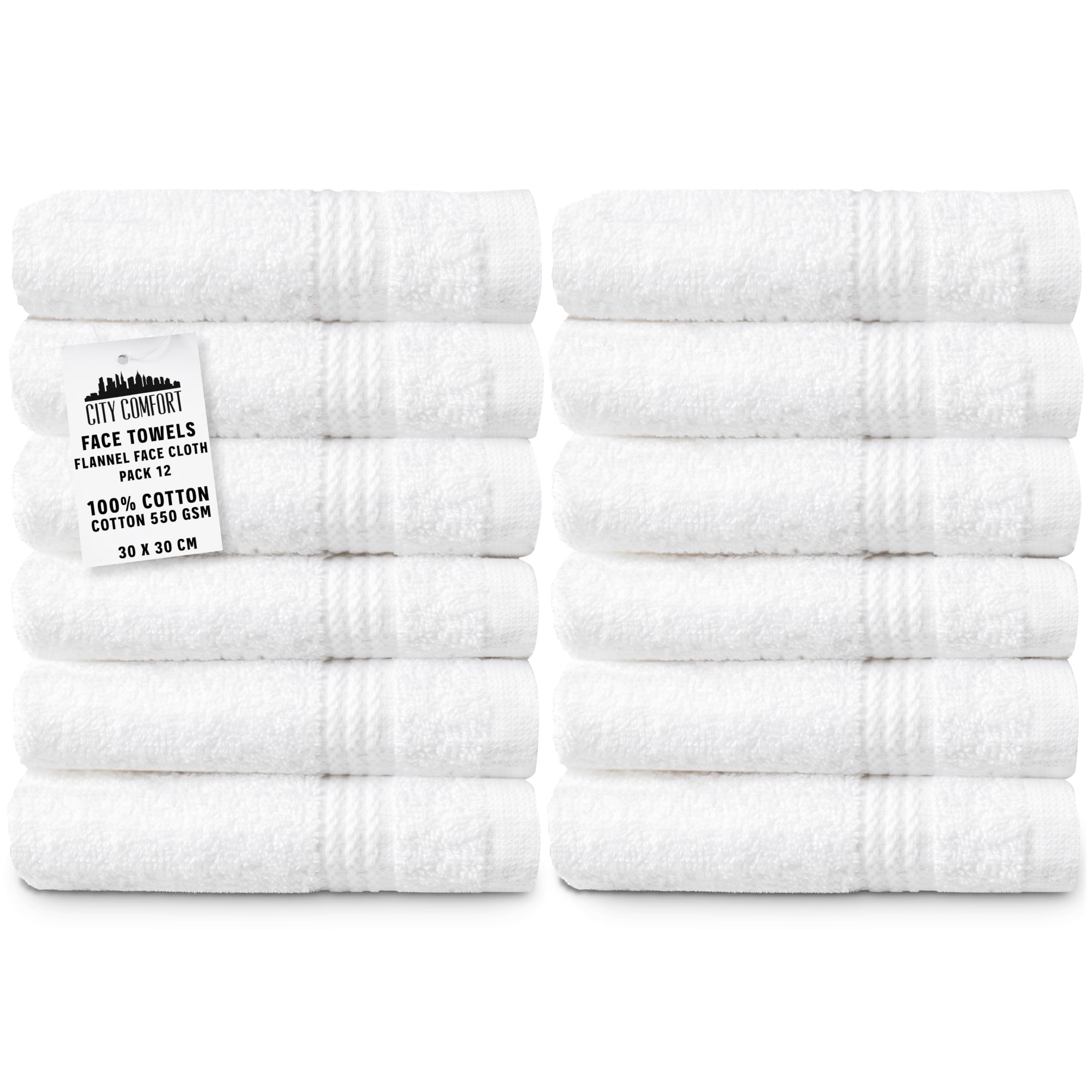 CityComfort 100% Cotton Face Towels - 550 GSM Soft Wash Cloths, 12 Pack