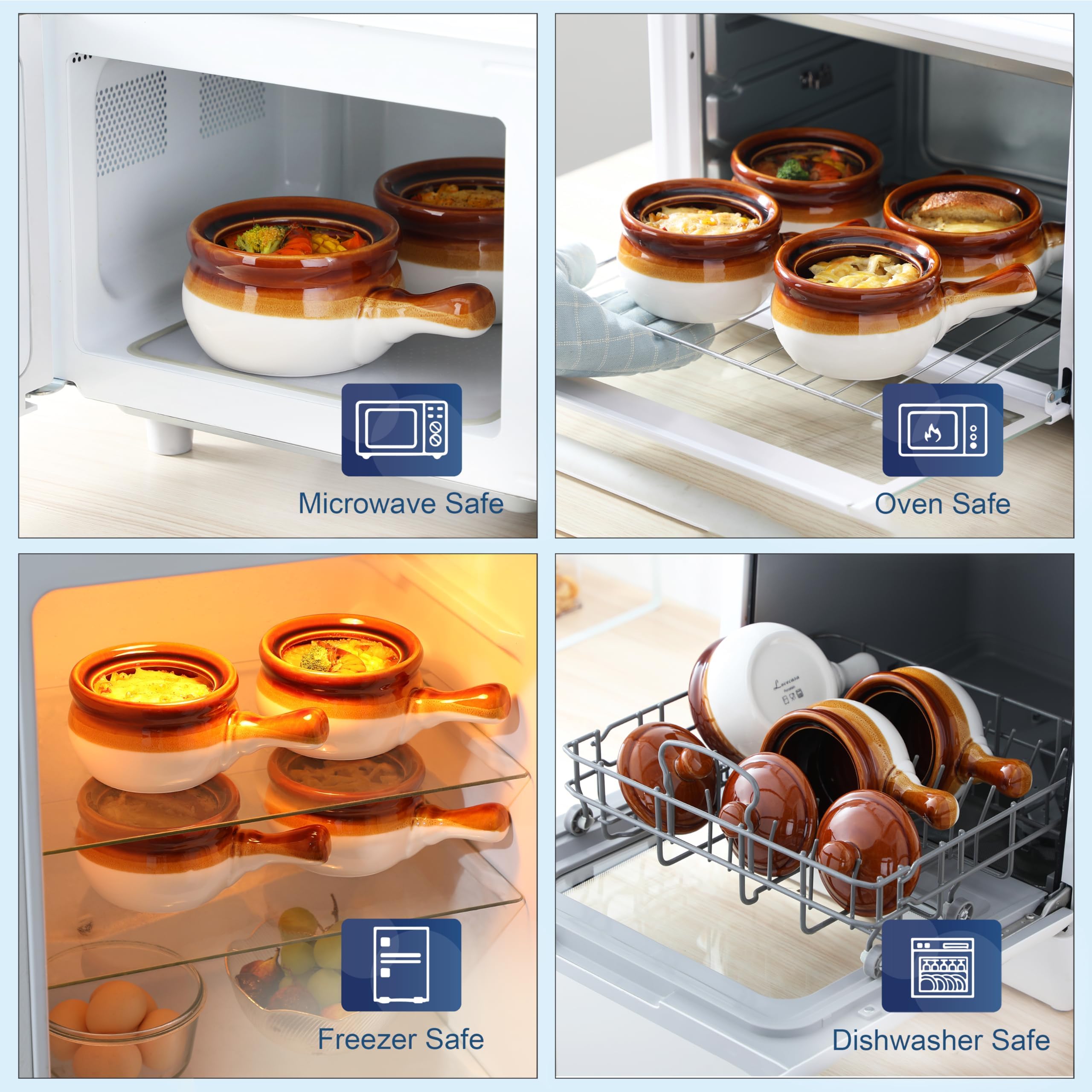 LOVECASA 16 oz French Onion Soup Crocks with Lids - Porcelain Set of 4