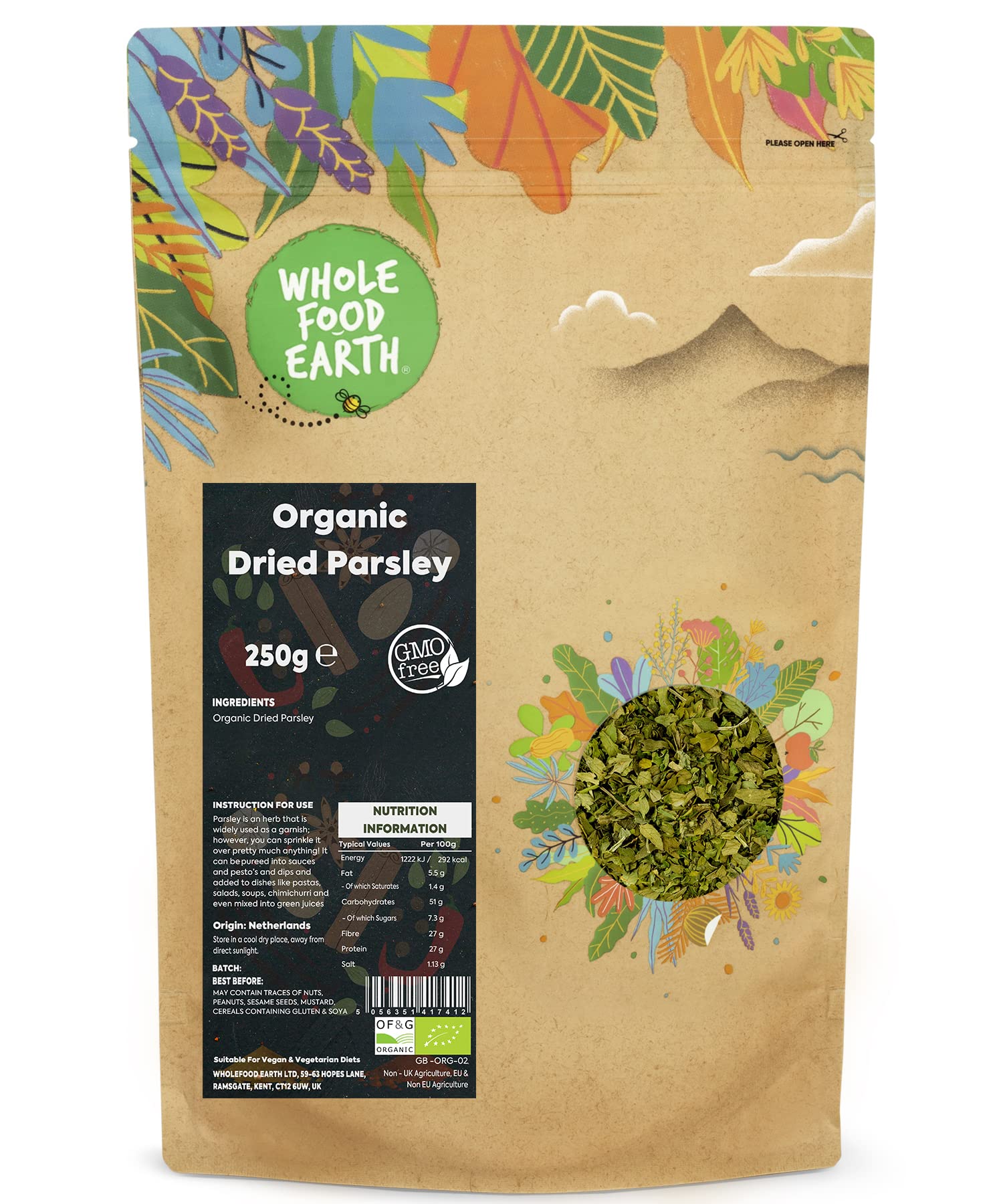 Wholefood Earth Organic Dried Parsley – 250g Herbaceous Garnish
