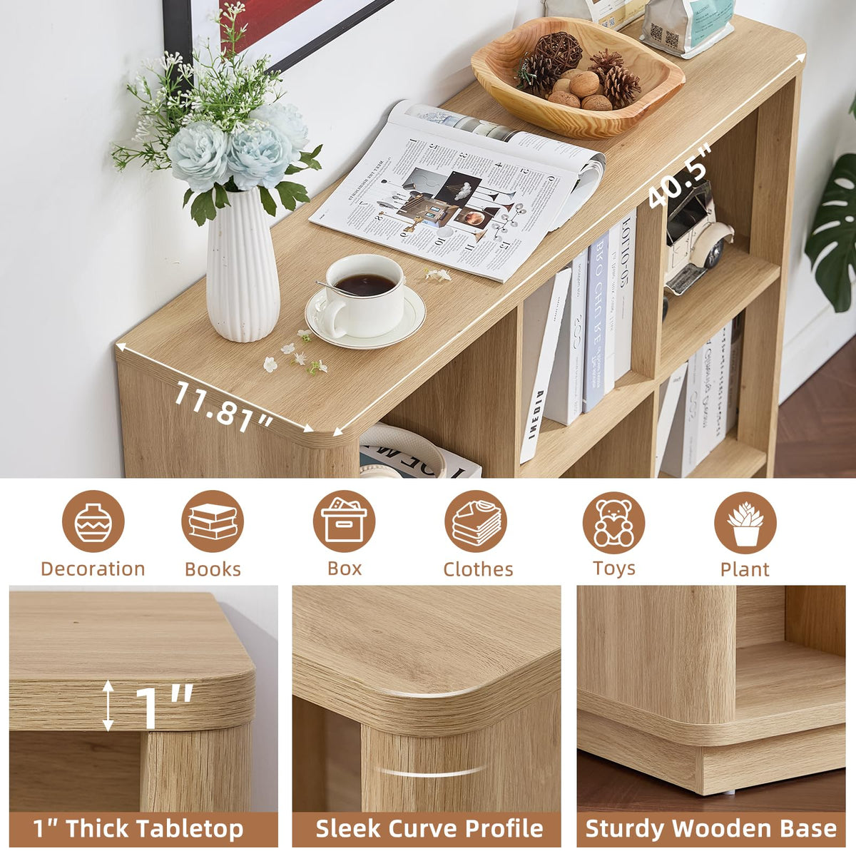 LELELINKY 9 Cube Storage Bookcase, 41" Wide Wooden Book Shelf with Thickened Base, Freestanding 3-Tier Open Book Case Unit with Curved Edge - image 2