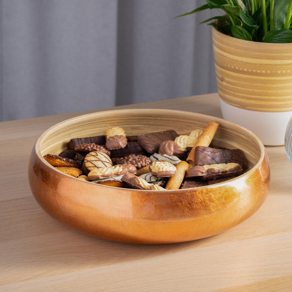 Dehaus Large Bamboo Fruit Bowl – 30cm Copper Gold Leaf Wooden Salad Bowl