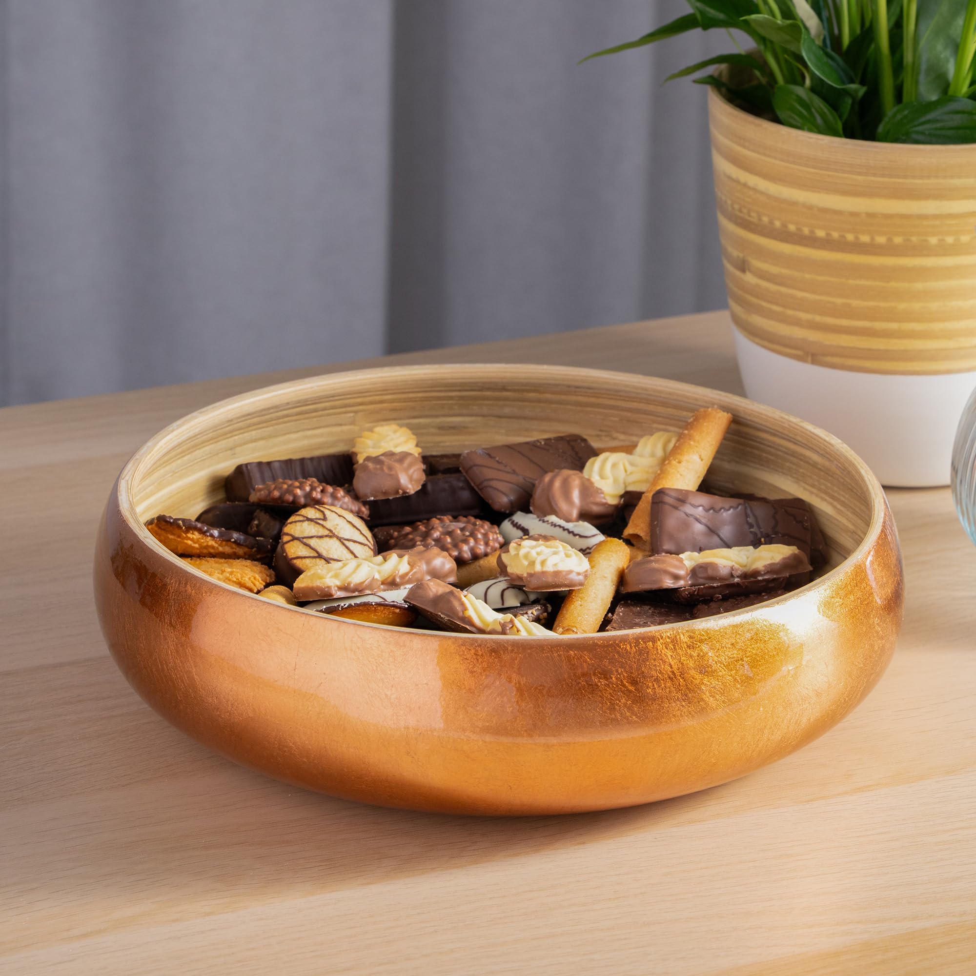Dehaus Large Bamboo Fruit Bowl – 30cm Copper Gold Leaf Wooden Salad Bowl