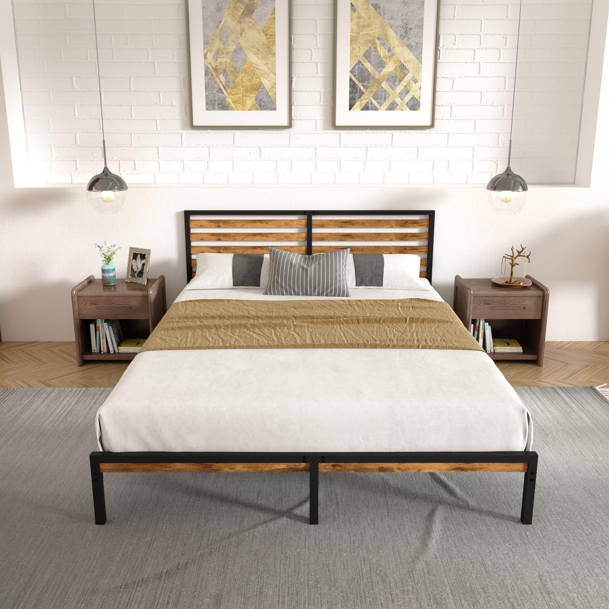 XINBEDEU King Bed Frame – Metal Platform Base with Wooden Headboard