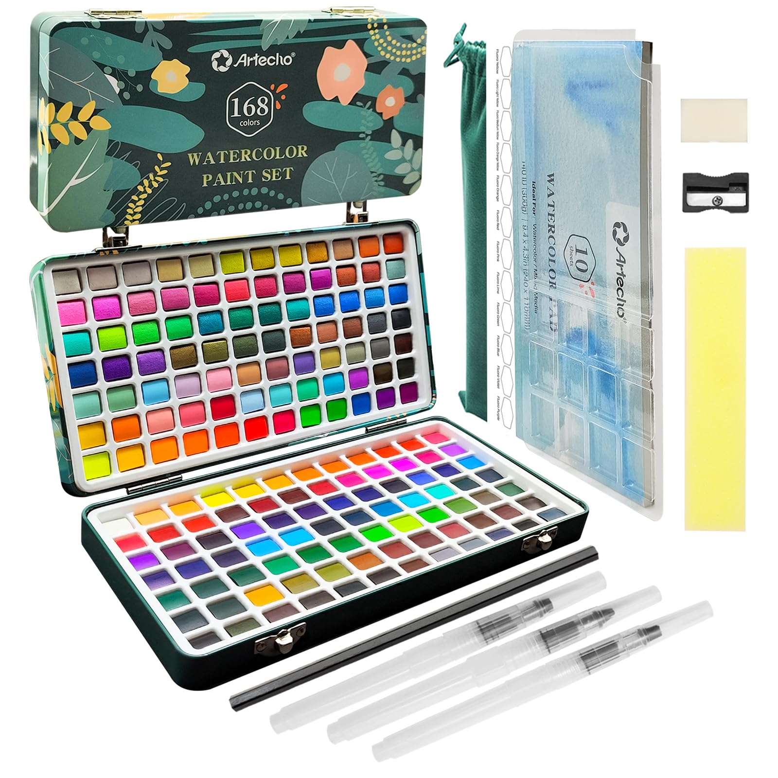 Artecho 168 Color Watercolor Paint Set | Portable Travel Art Kit with Case