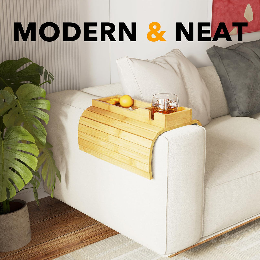 SpaceAid Bamboo Couch Cup Holder, Anti Falling Foldable Sofa Armrest Tray with Cup Holder, Couch Arm Side Table Organizer for Drink Cup Remote Snacks - image 5