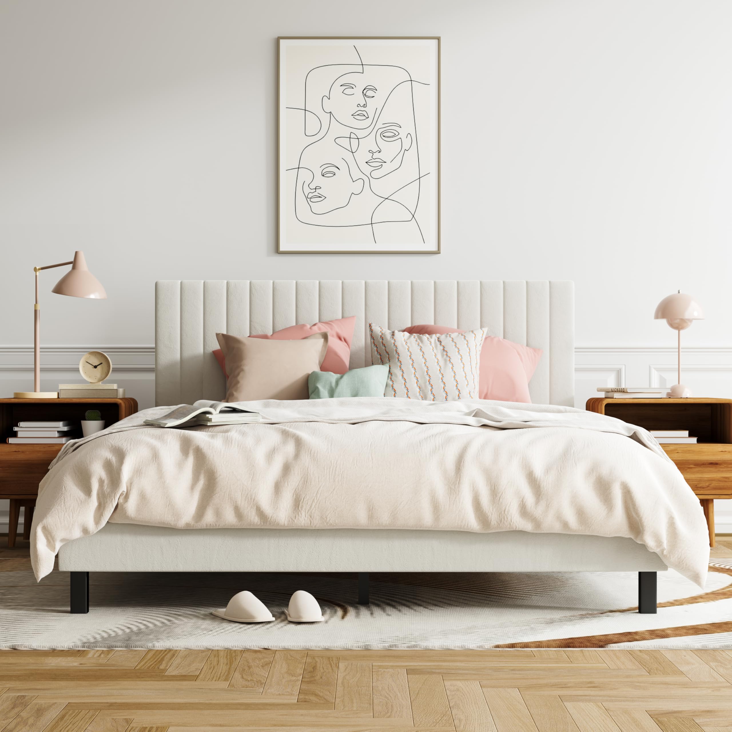 XINBEDEU King Bed Frame | Upholstered Velvet Platform Bed with Headboard