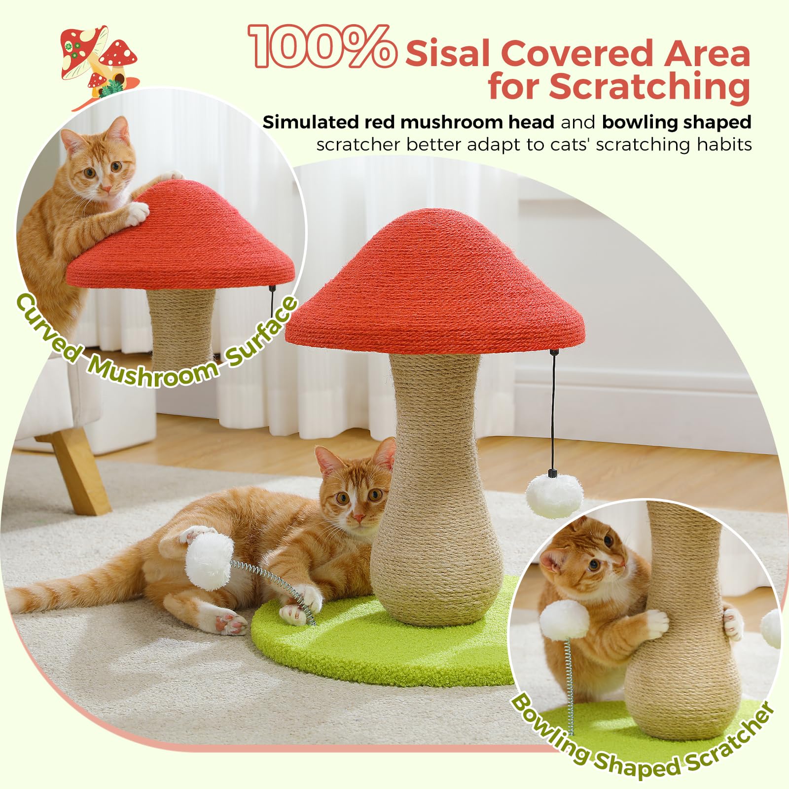 PAWZ Road Mushroom Cat Scratching Post – Sisal Covered Post with Toy