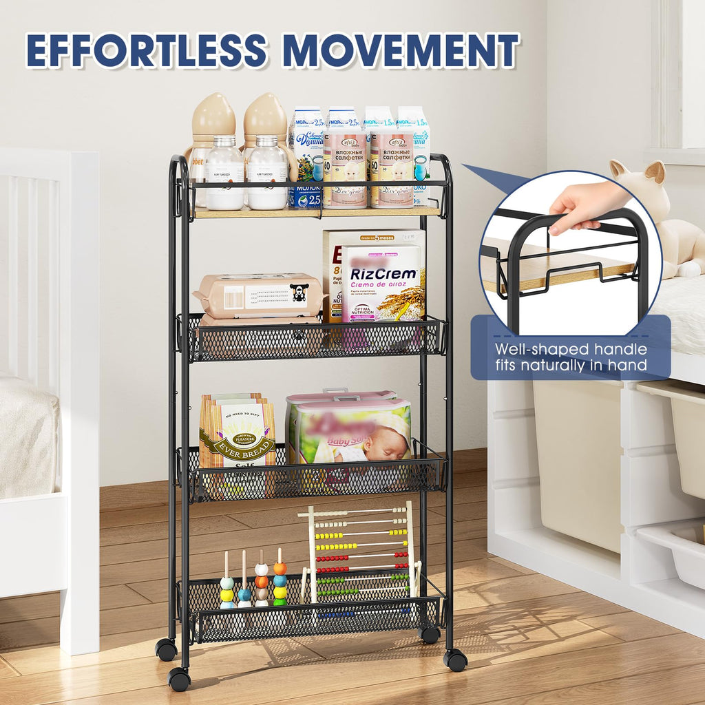 KINGRACK 4-Tier Rolling Cart with Wooden Tabletop & Mesh Baskets, Slide Out Metal Utility Cart