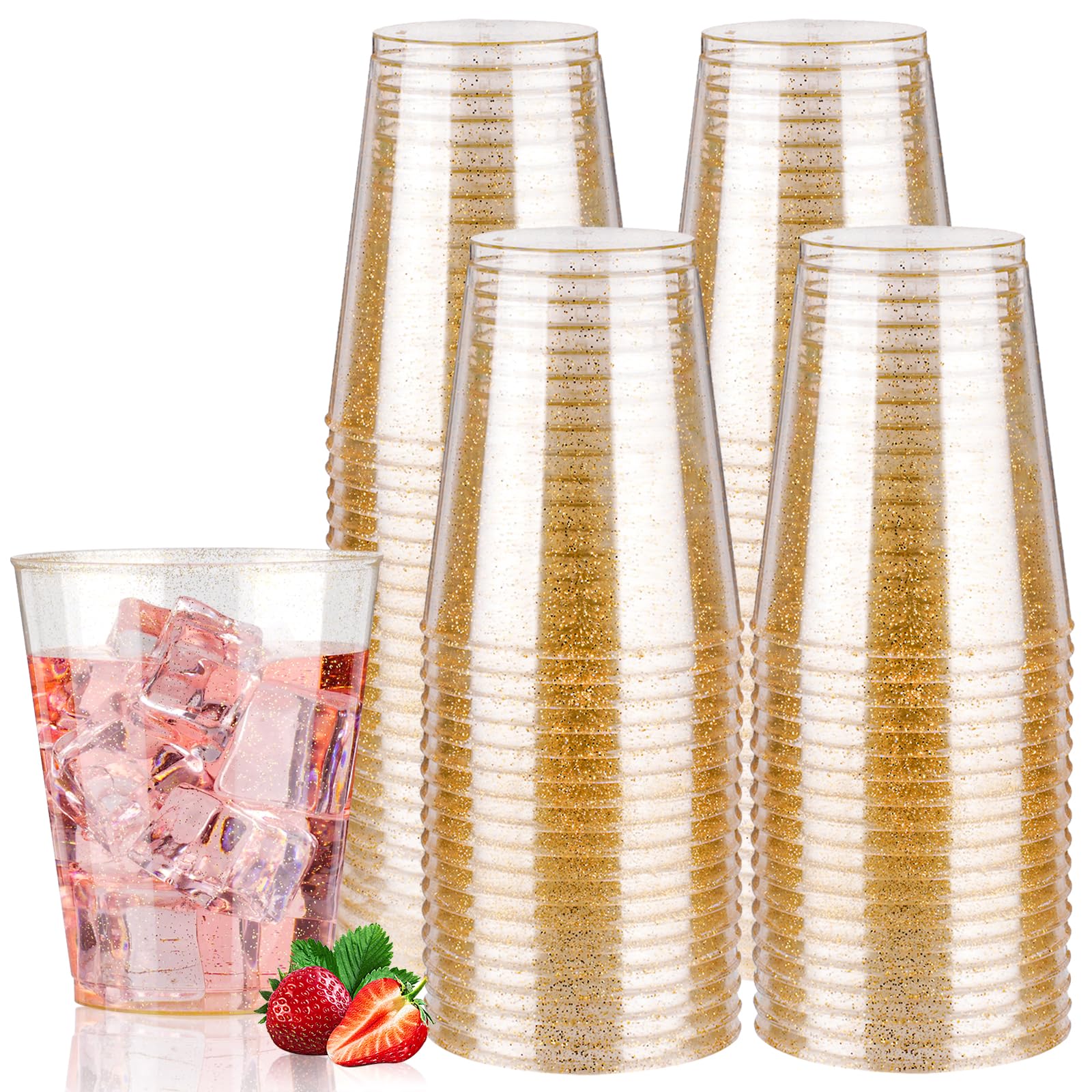 Goodluck 10 oz Gold Glitter Plastic Cups | 100 Pack Reusable Party Glasses
