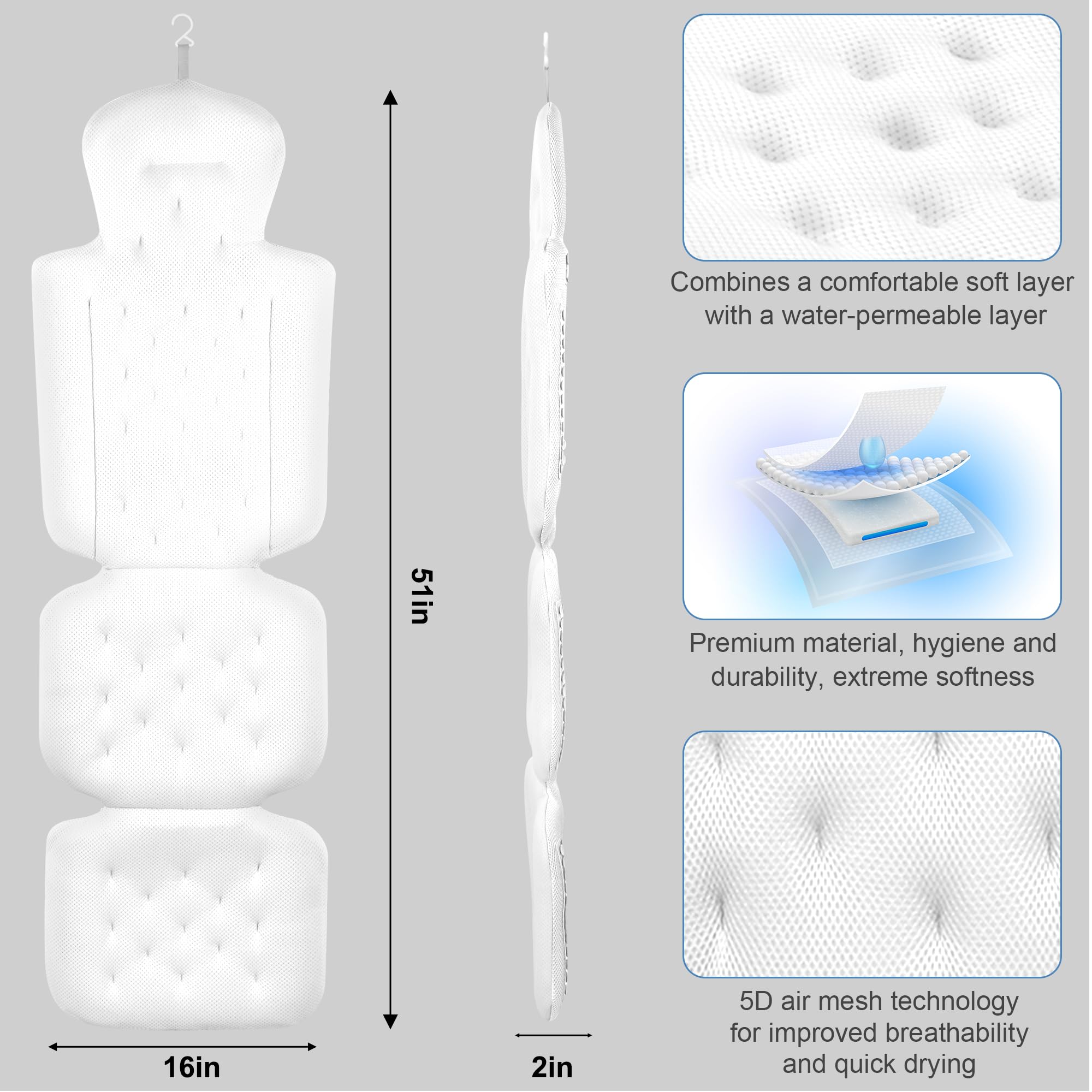 Full Body Bath Pillow – Luxury Air-Mesh Tub Cushion, White