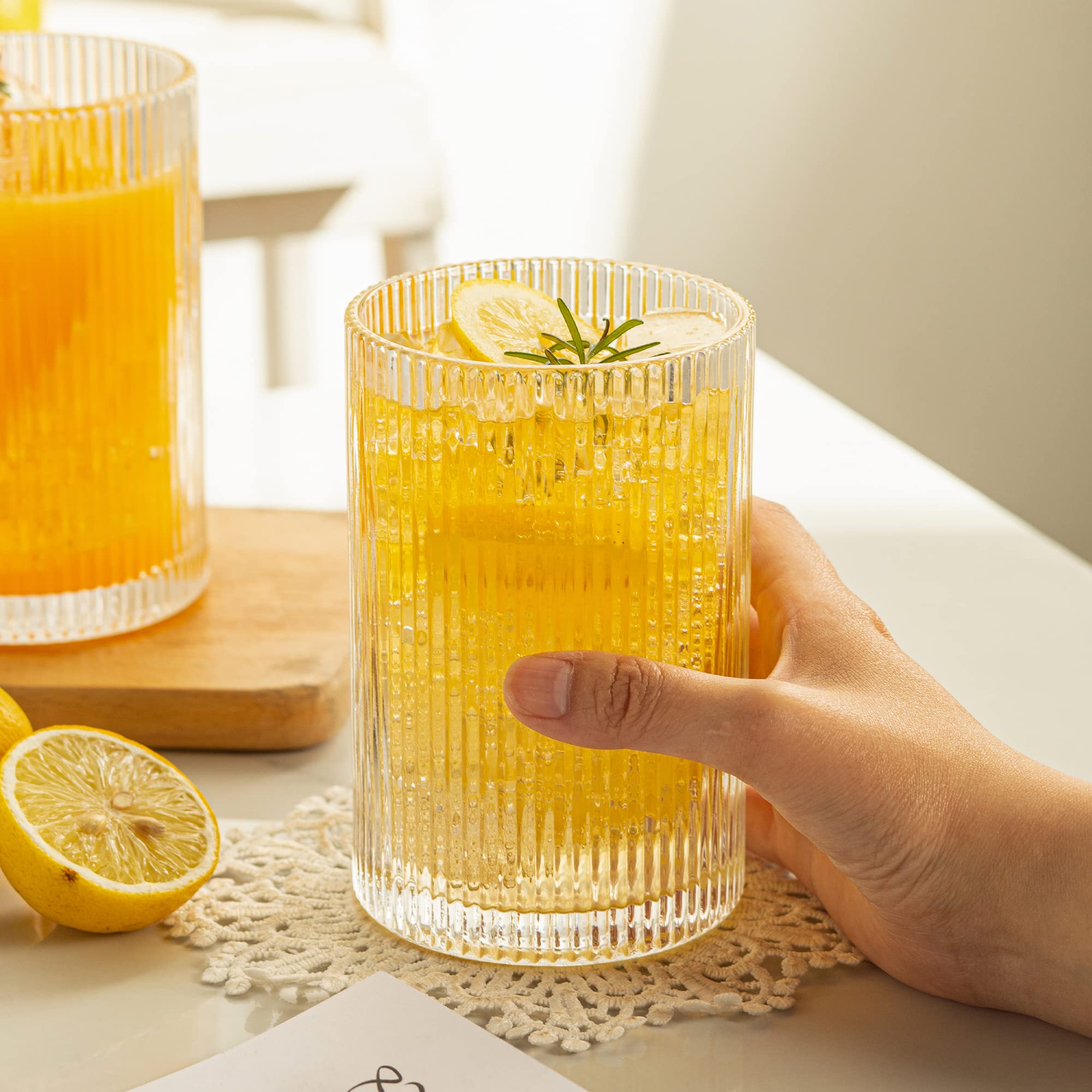 POLIDREAM Ribbed Glassware Set | 16.9oz XL Fluted Origami Drinking Glasses