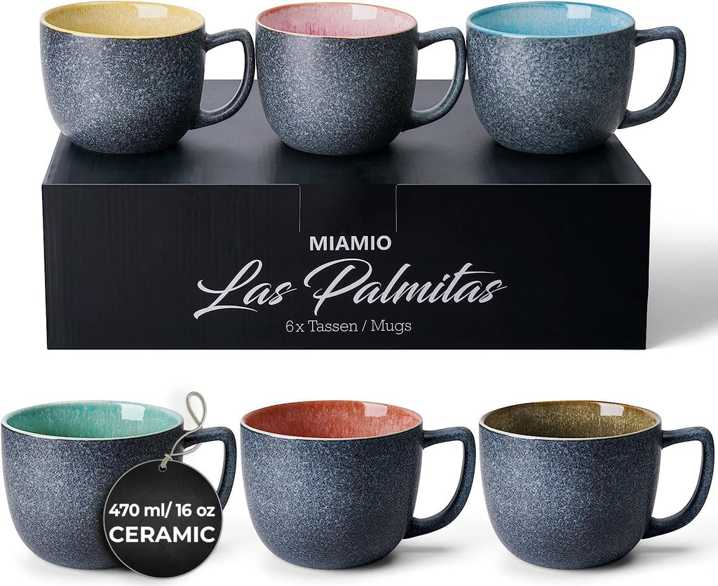 MIAMIO Las Palmitas 6-Piece Large Stoneware Coffee Mug Set - 470ml
