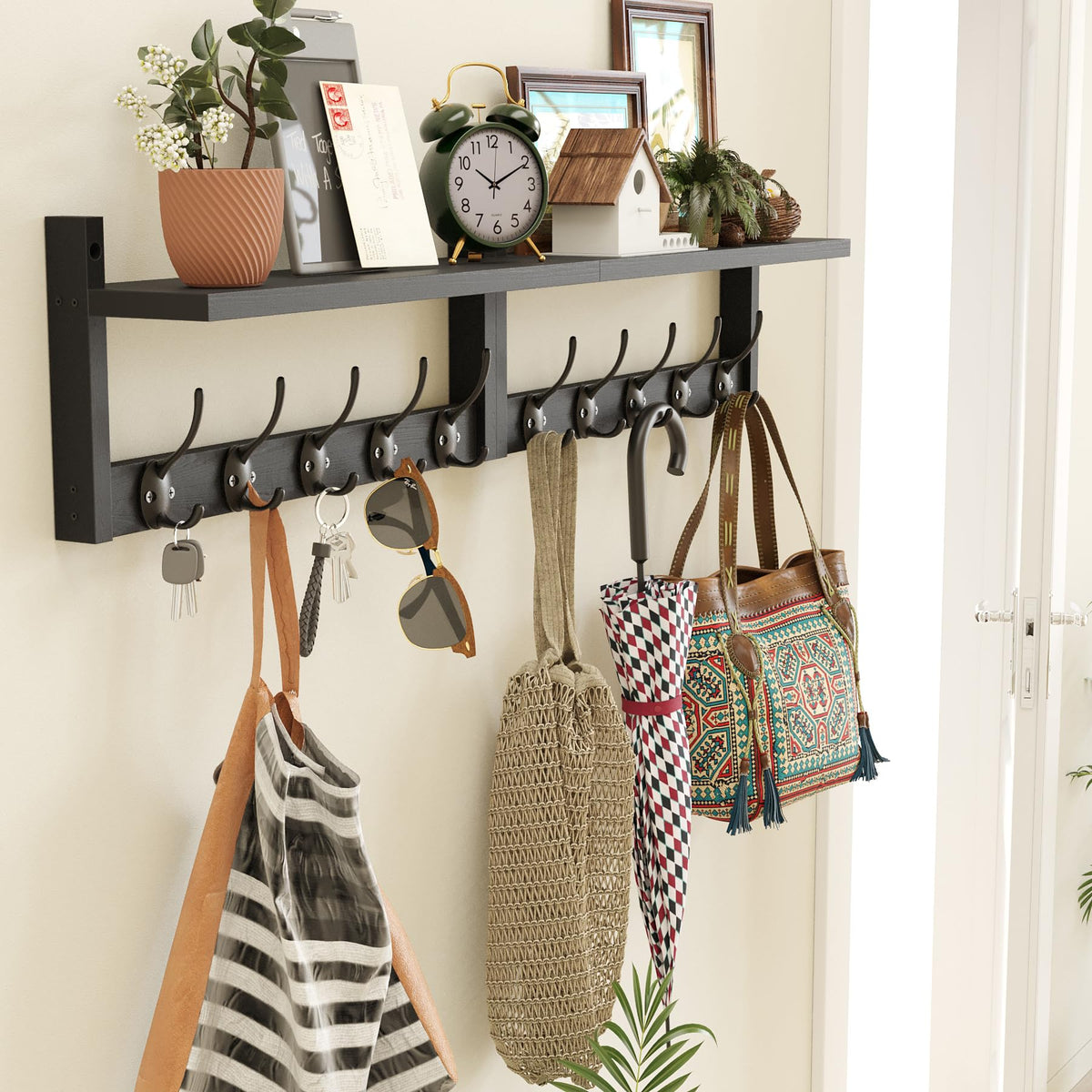 AMBIRD 87cm Extra Wooden Wall Coat Rack with Shelf - Elegant and Functional Wall-Mounted Storage Solution with 10 Hooks for Coats, Hats, Keys - image 2