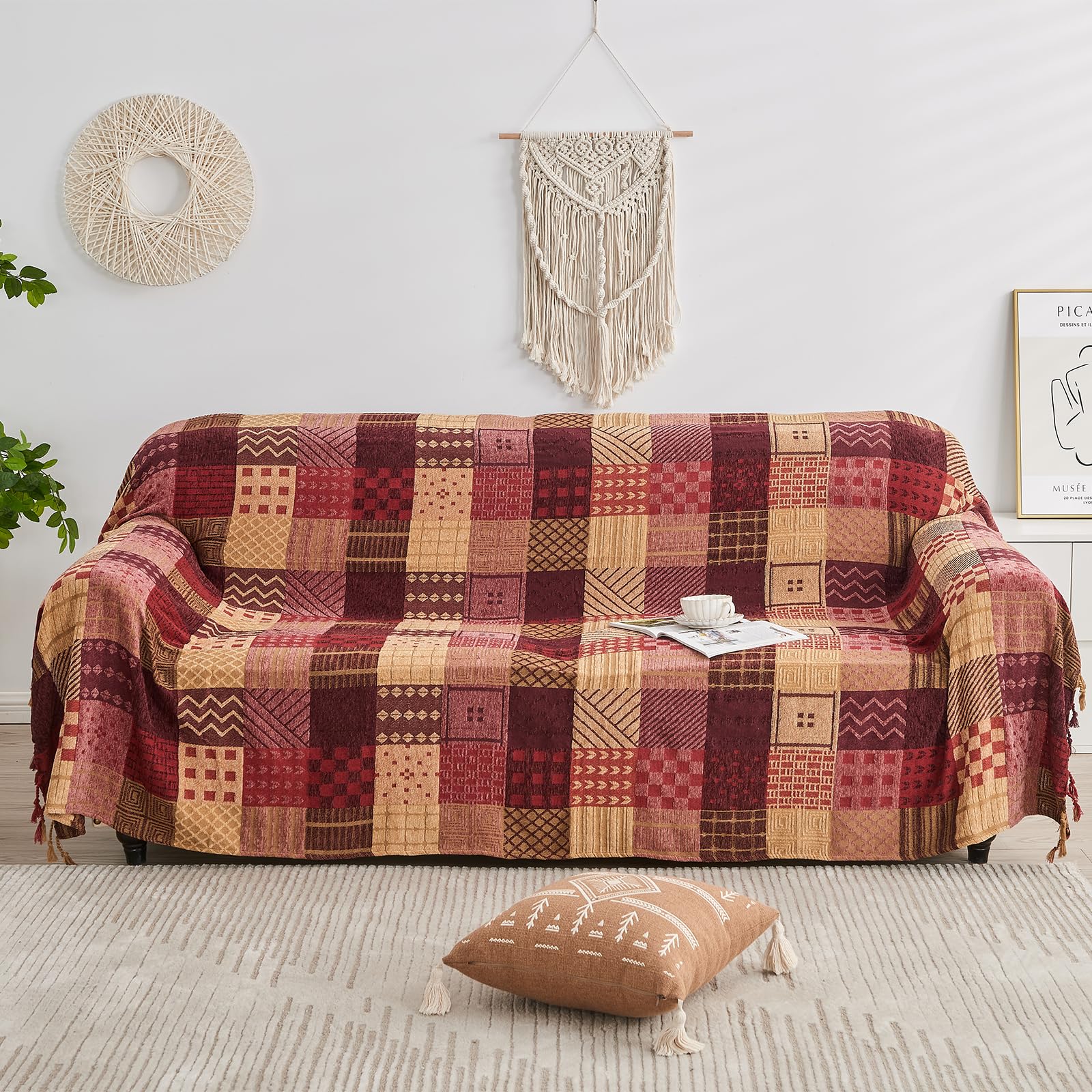 Edcooy Boho Throw Blanket – Patchwork Chenille Sofa Cover with Tassels