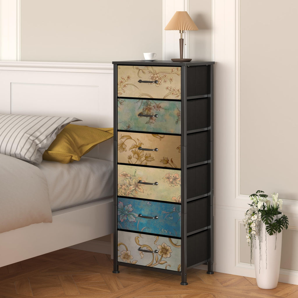 CAIYUN 6-Drawer Tall Fabric Dresser – Floral Print Chest of Drawers