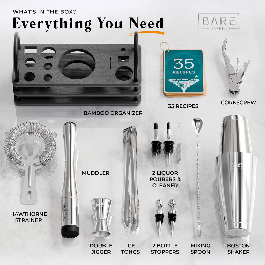 Bare Barrel 14-Piece Cocktail Making Kit with Bamboo Stand & Recipes