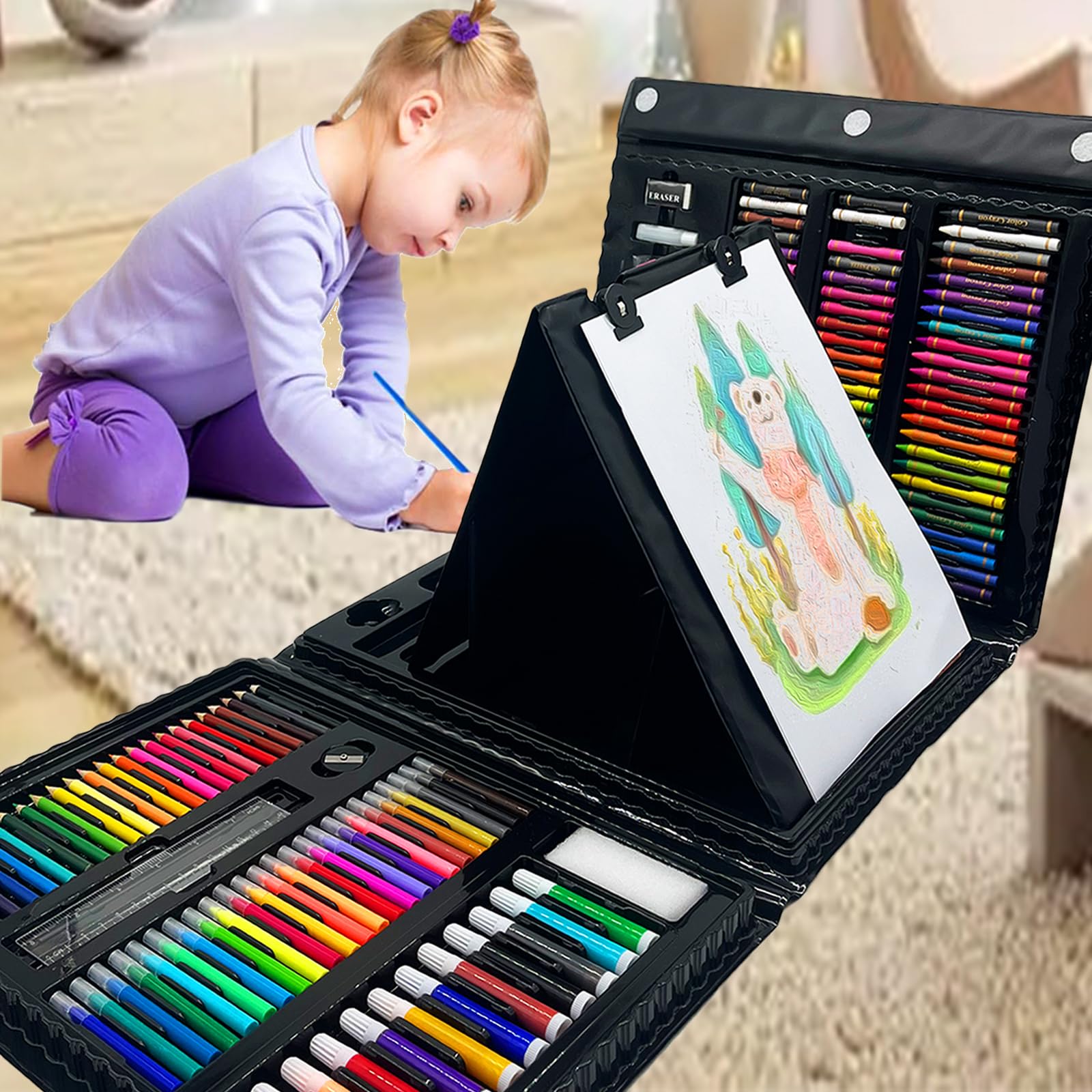 XDISHYN 208-Piece Art Supplies Drawing Kit with Trifold Easel for Kids