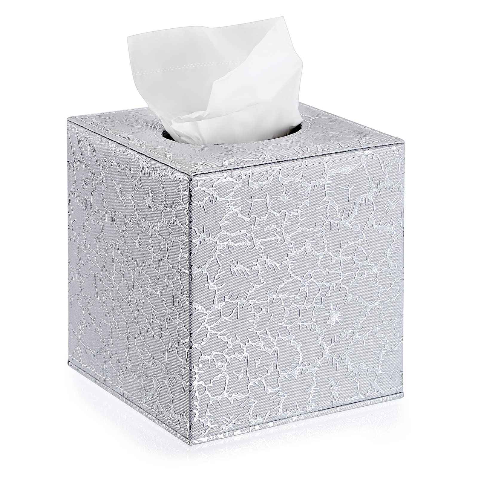 BTSKY Square PU Leather Tissue Box Cover – Silver Cube Holder