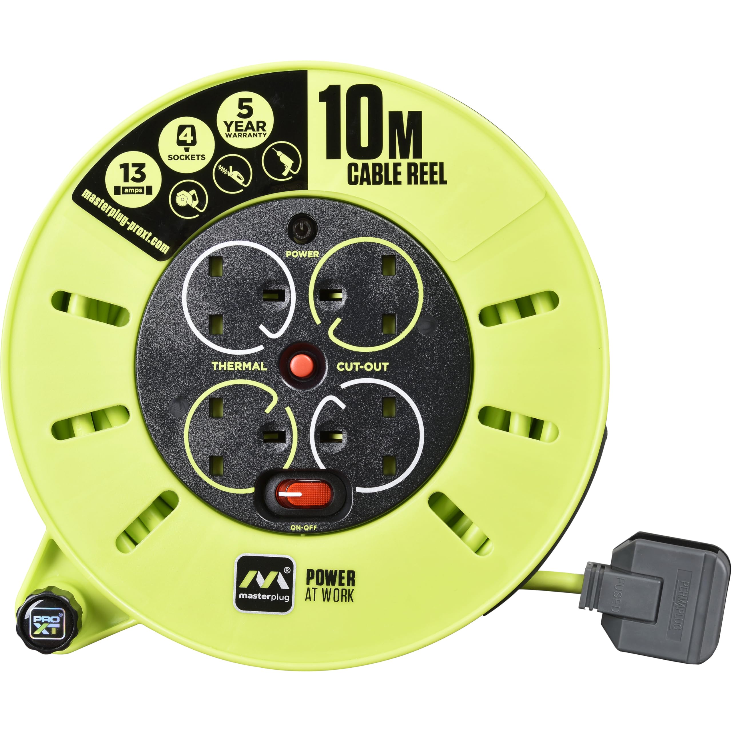 Masterplug Pro-XT 10m Extension Reel – 4 Sockets, Heavy Duty Cassette
