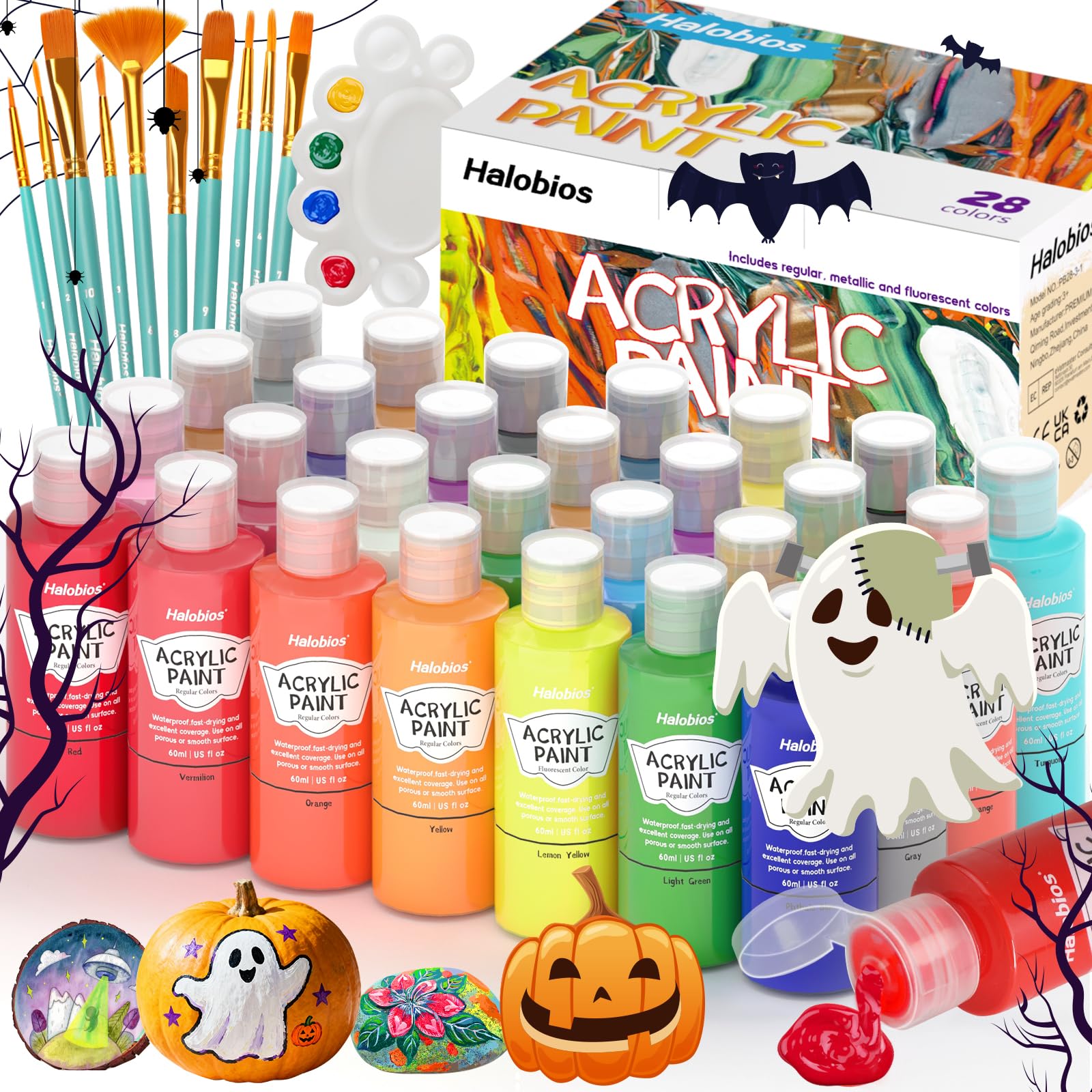 Halobios Acrylic Paint Set - 28 Colors with Brushes and Palette