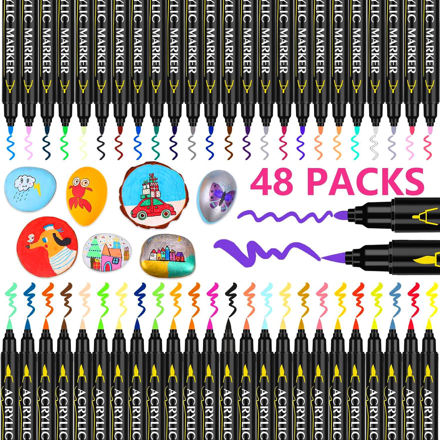 Laconile 48 Acrylic Paint Pens | Dual Tip Markers for Rock & Glass